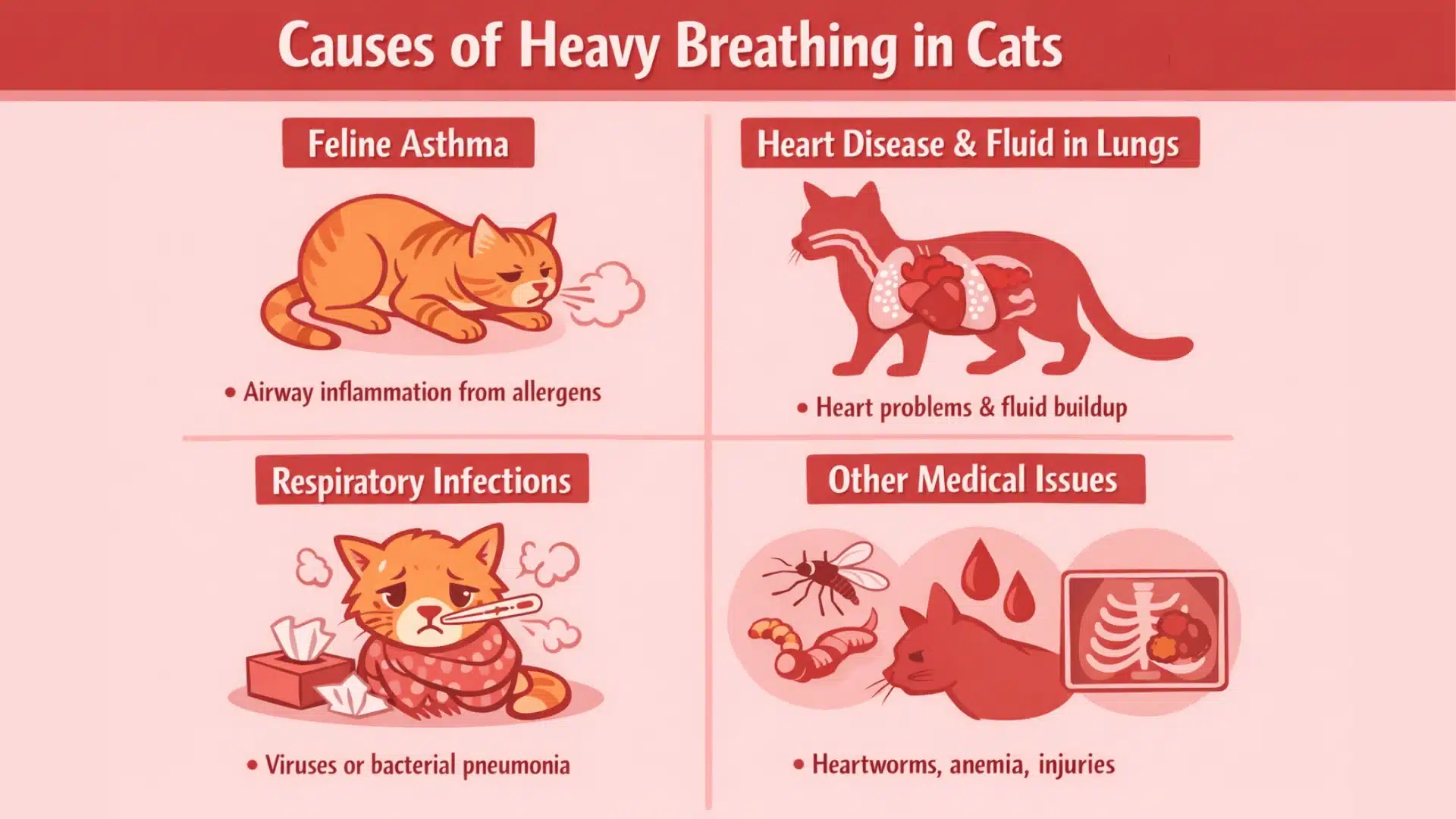 Infographic showing causes of heavy breathing in cats including asthma, heart disease, infections and other issues