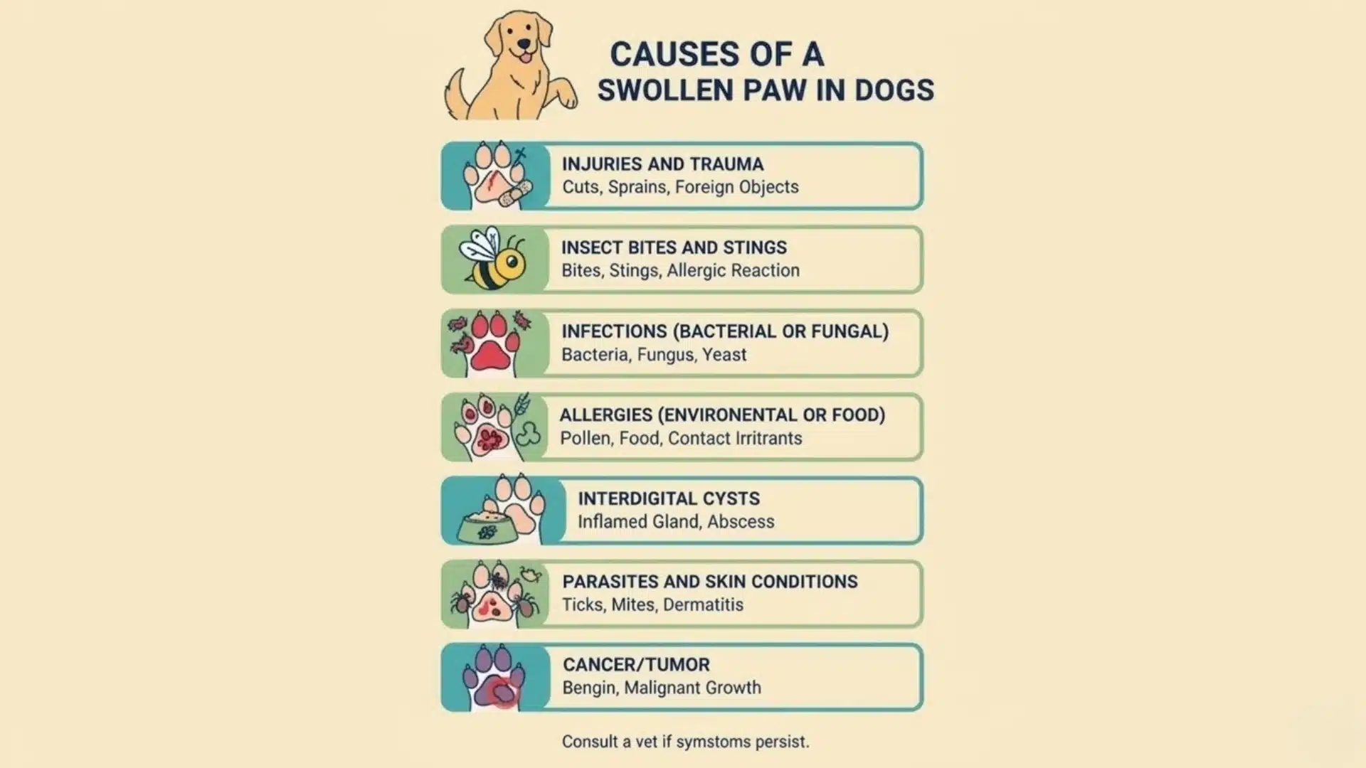 Infographic showing causes of swollen paw in dogs with icons for injury, infection, allergies, parasites, cysts, and tumors