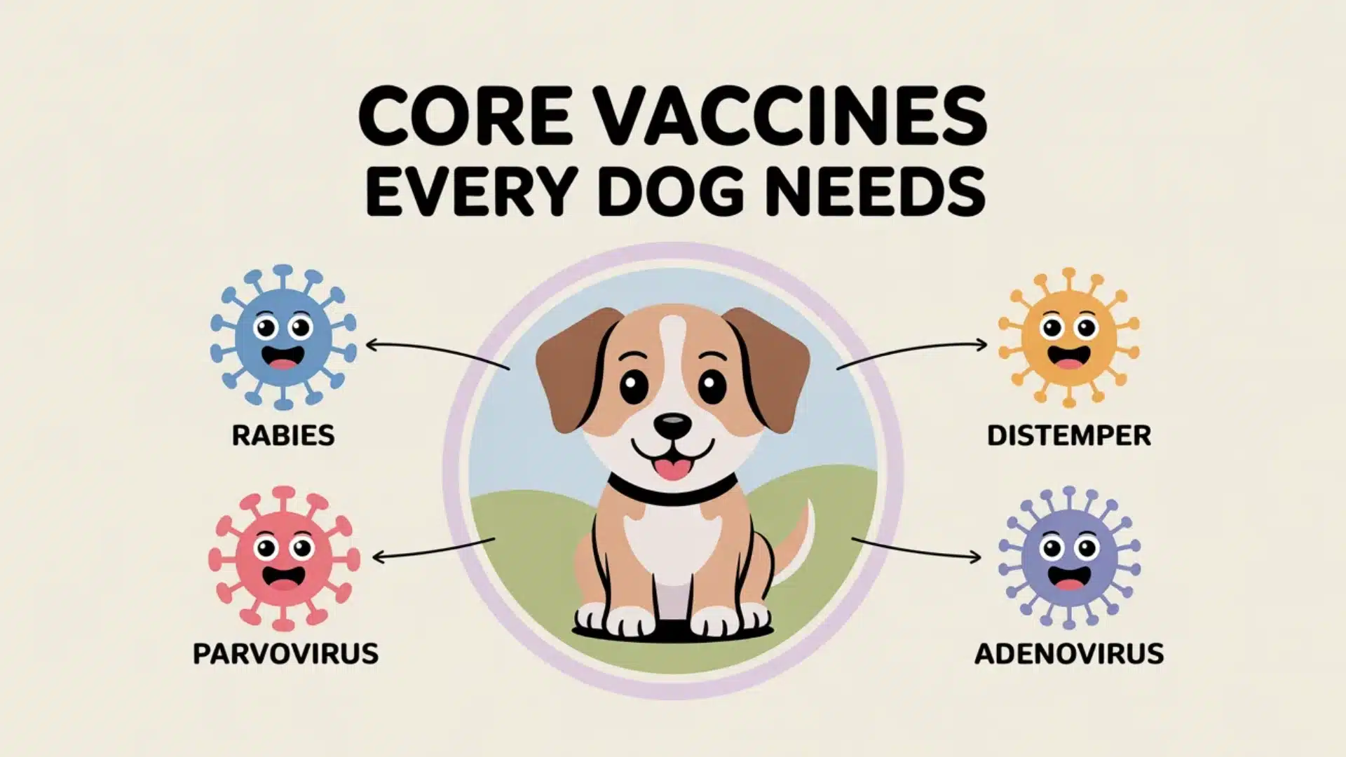 Infographic showing core vaccines every dog needs with a dog in center and rabies, distemper, parvovirus, adenovirus icons