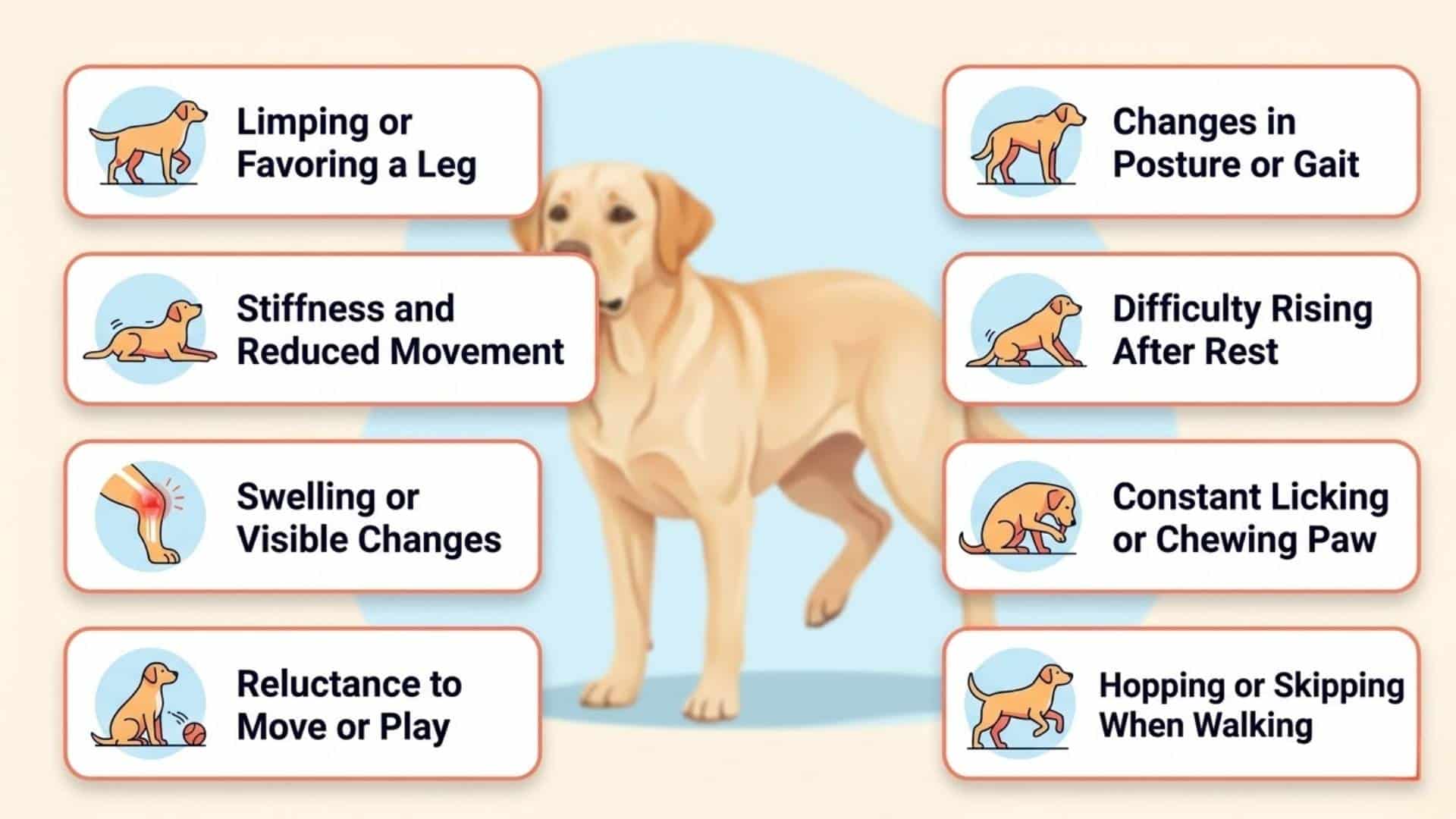 Infographic showing signs of lameness in dogs including limping, stiffness, swelling, difficulty rising, and reduced movement