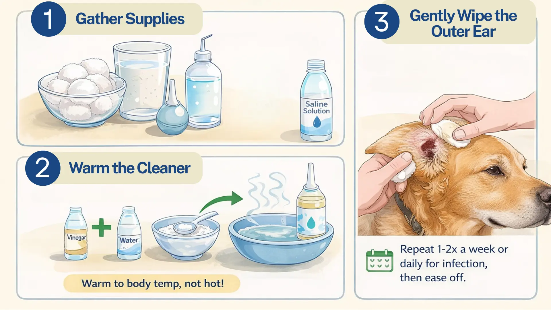 Infographic showing steps to treat dog infection ears at home with cotton balls, saline solution and warm water