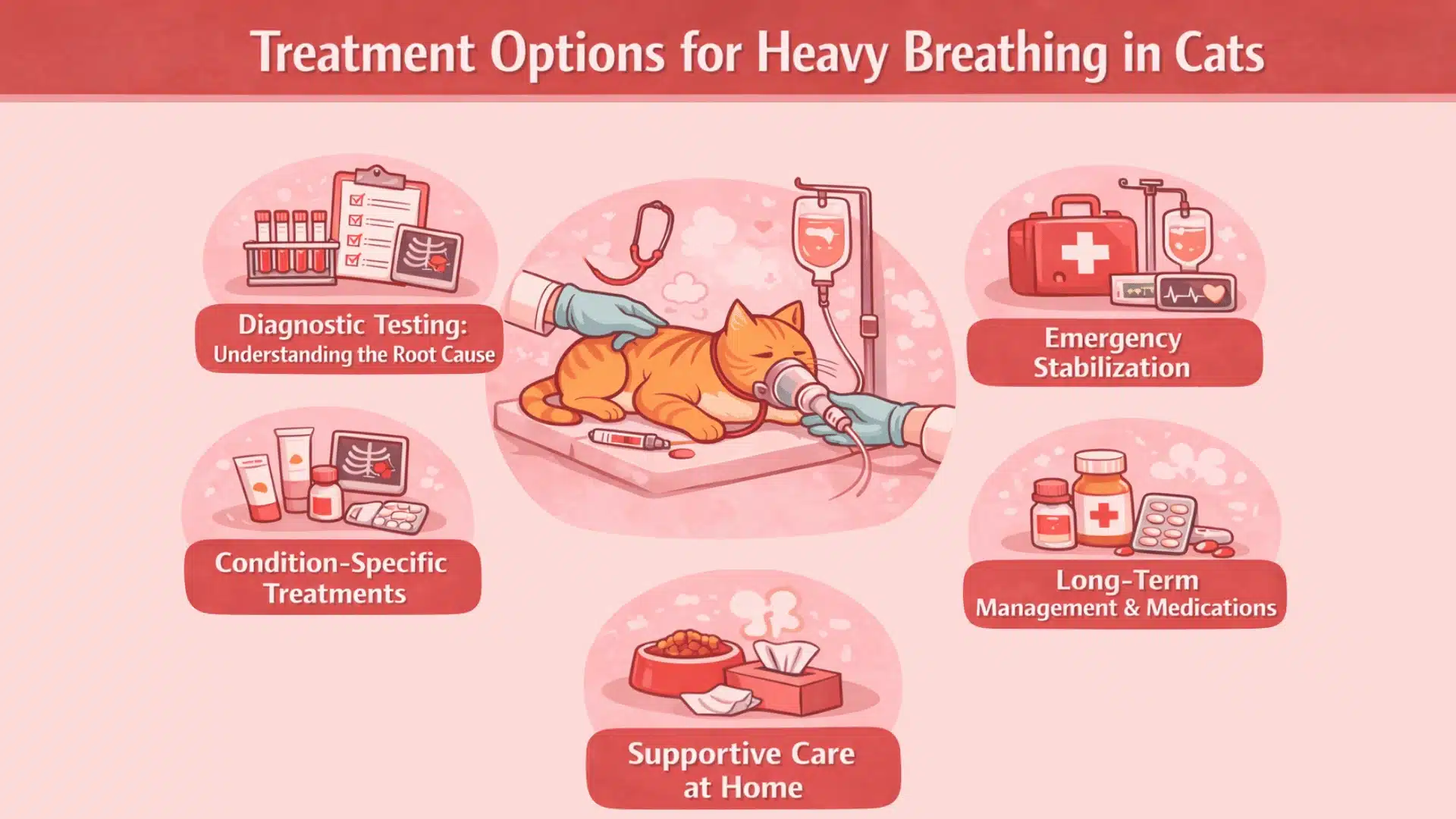 Infographic showing treatment options for heavy breathing in cats