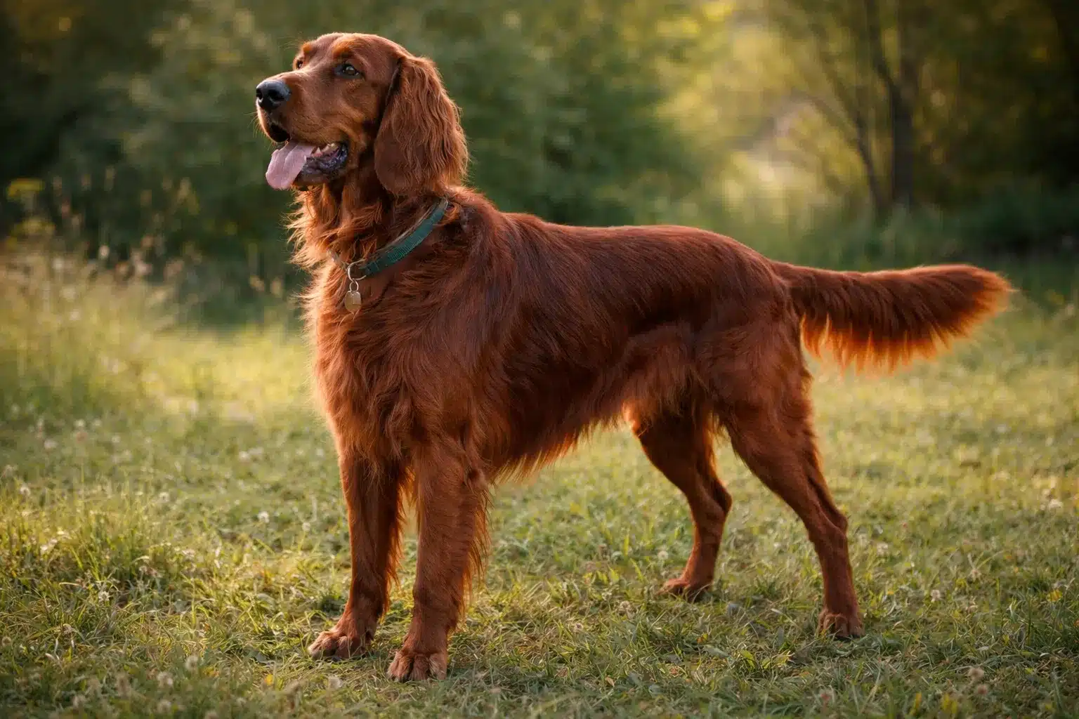 Irish Setter dog standing on grass in natural outdoor setting with long reddish coat and alert posture
