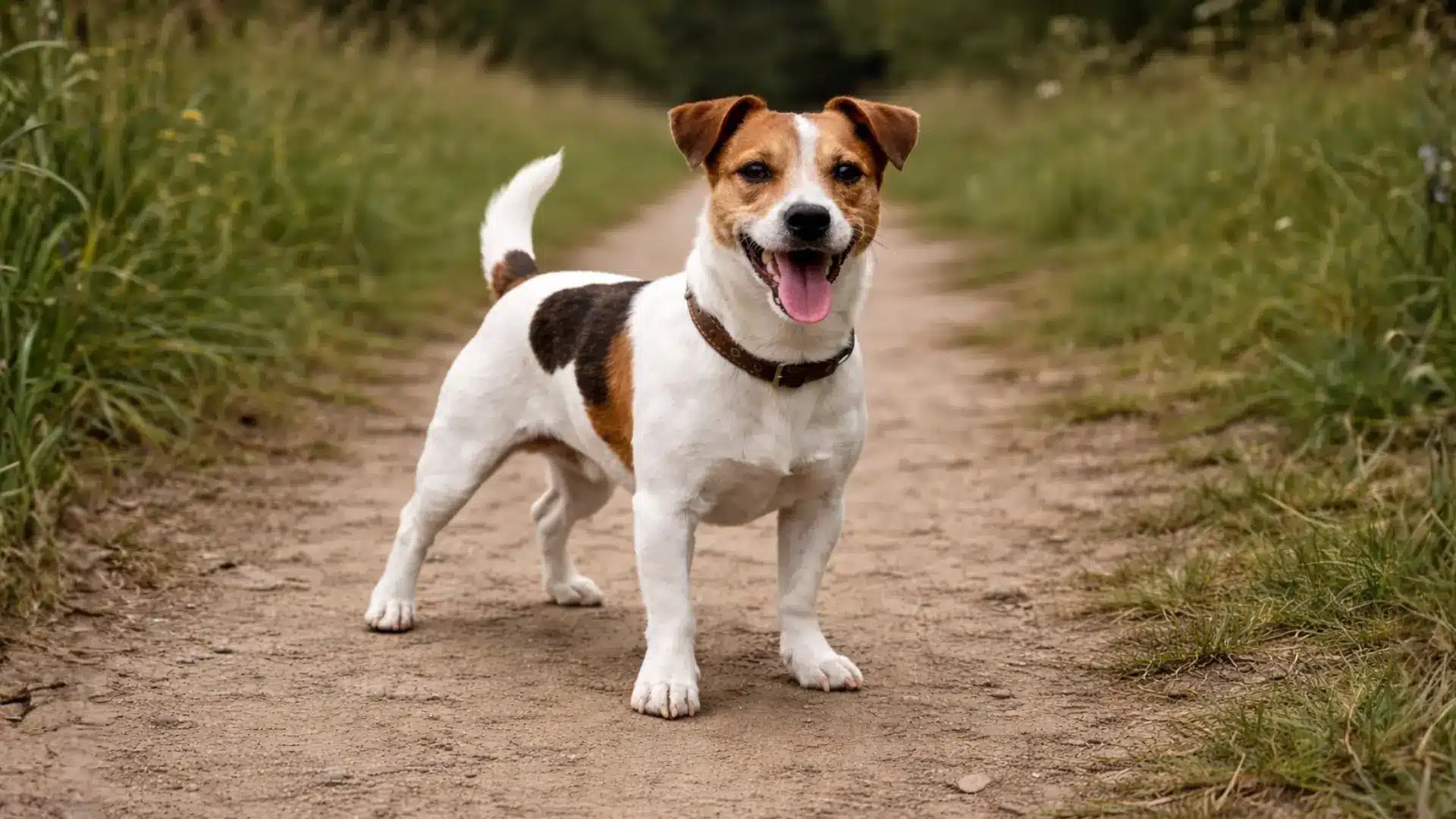 Jack Russell Terrier standing on dirt path with tongue out wearing brown collar