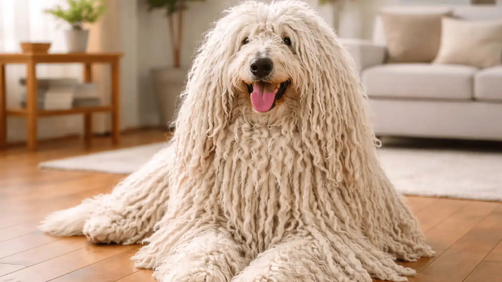 Komondor dog sitting on a wooden floor with long corded white coat covering the body inside a bright room