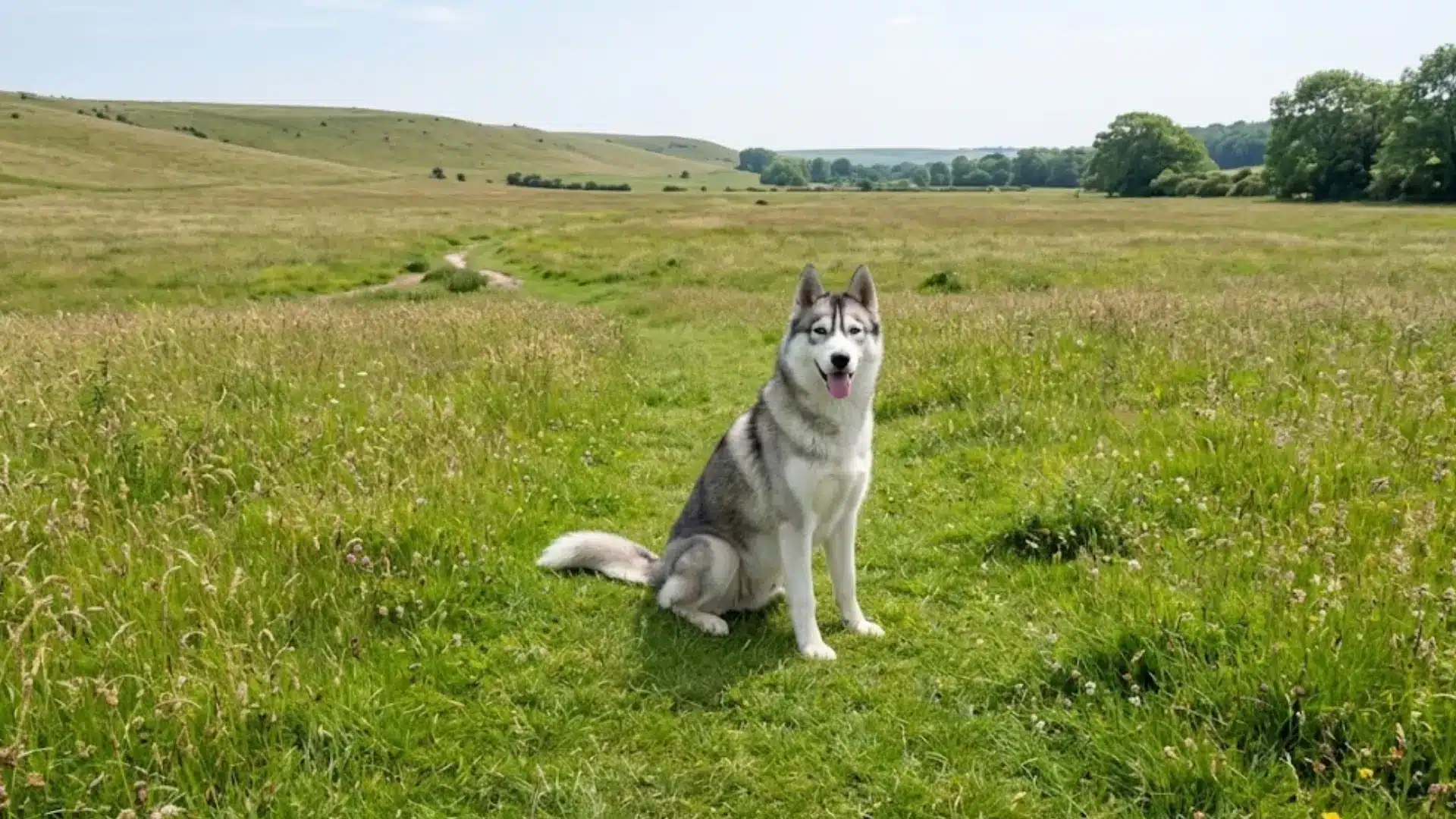 Kugsha Dog sitting on a grassy path in a wide open countryside field with hills and trees under a clear sky