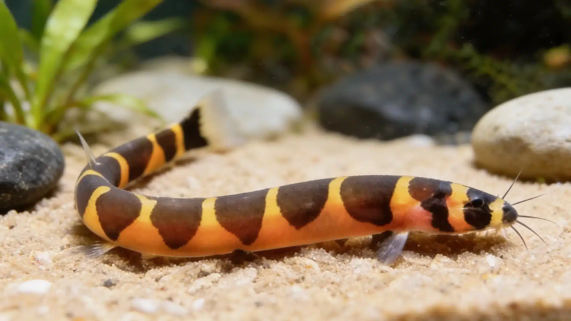 Kuhli loach fish resting on sandy aquarium substrate with plants and smooth decorative stones