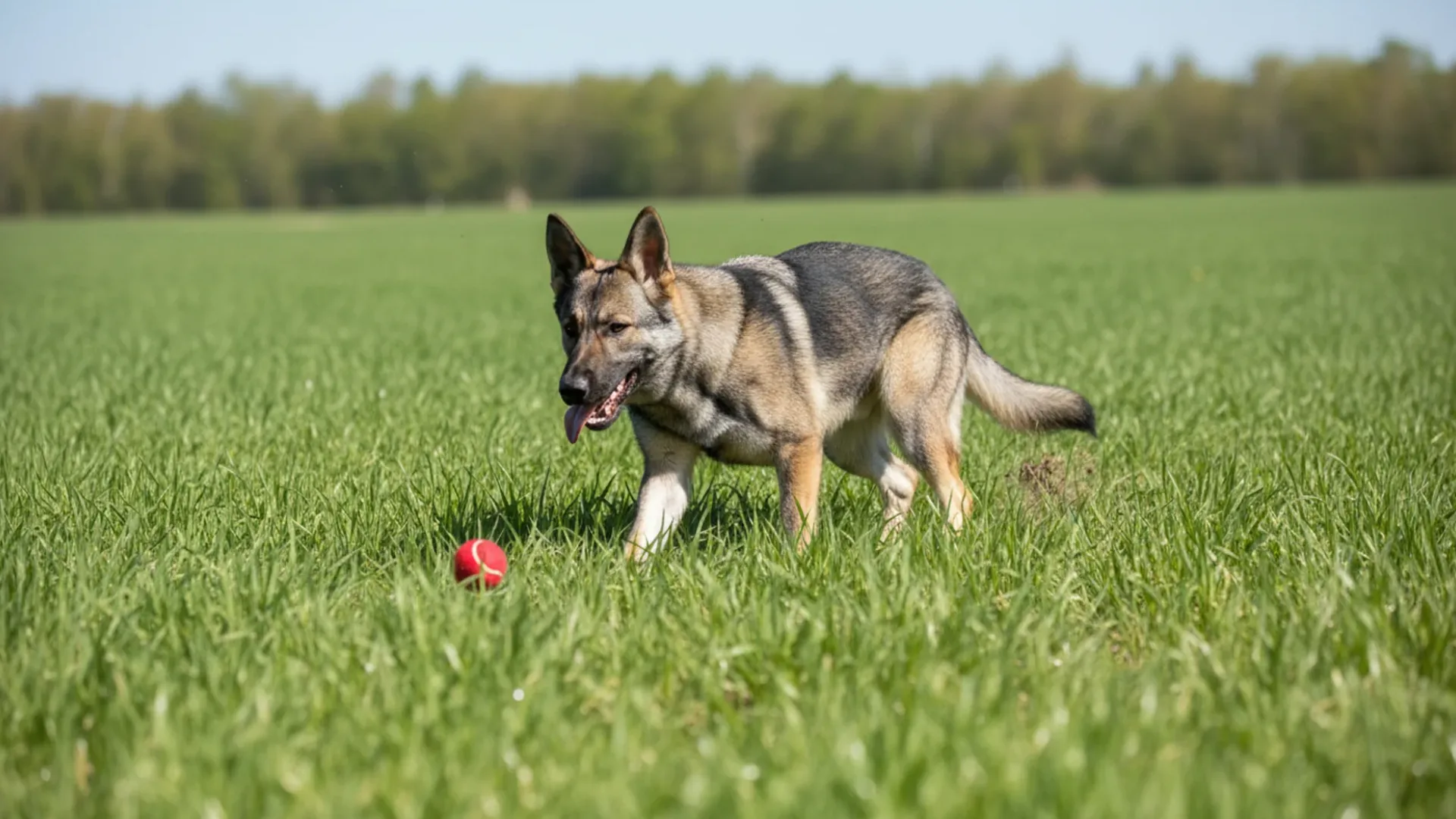 Kunming Wolfdog playing with a red ball in a green grassy field with trees in the background