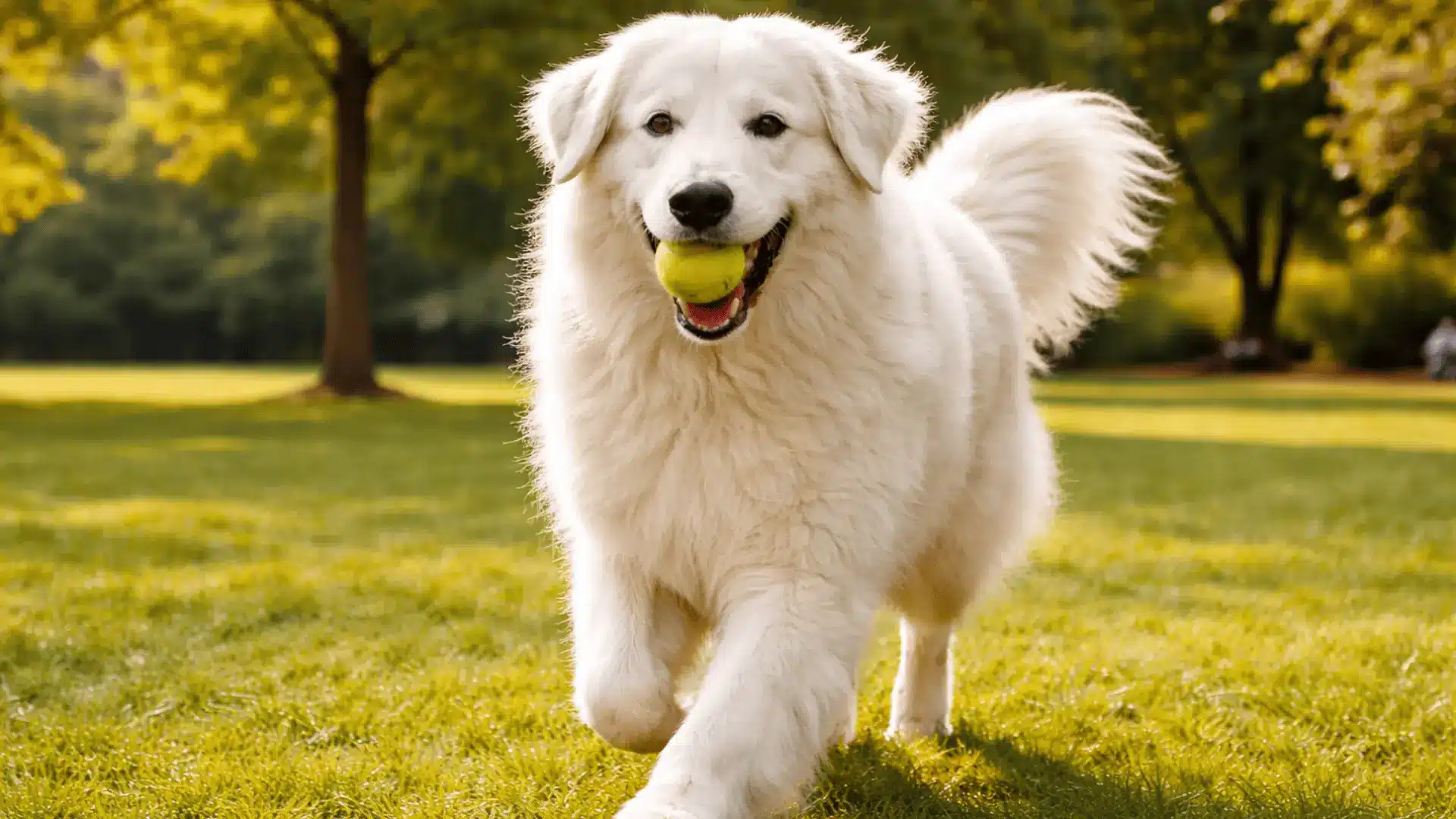Kuvasz dog running through a park with a tennis ball in its mouth, fluffy white coat glowing in warm sunlight