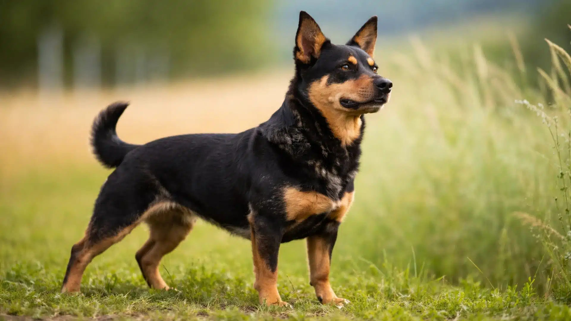 Lancashire heeler standing on grassy field, black and tan coat with upright ears in soft evening light