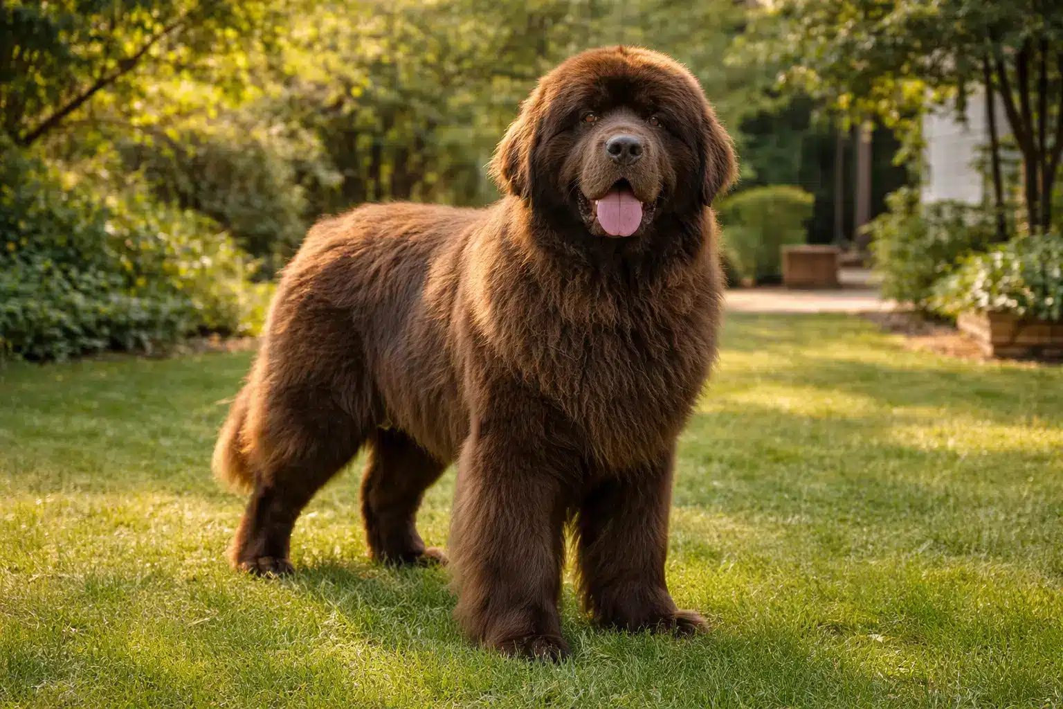 Large brown Newfoundland dog standing on grass in a sunlit garden with thick fluffy coat and relaxed expression
