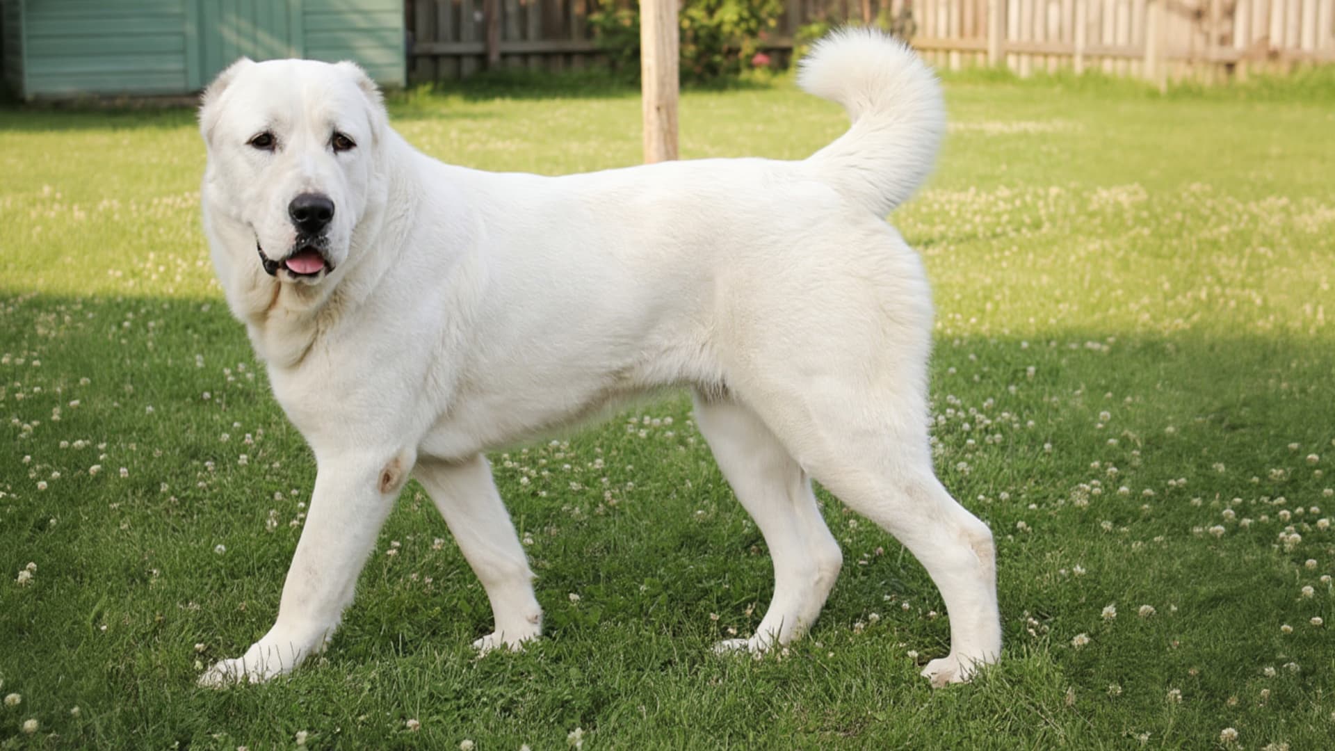 Large white dog standing on a grassy backyard lawn with a wooden fence