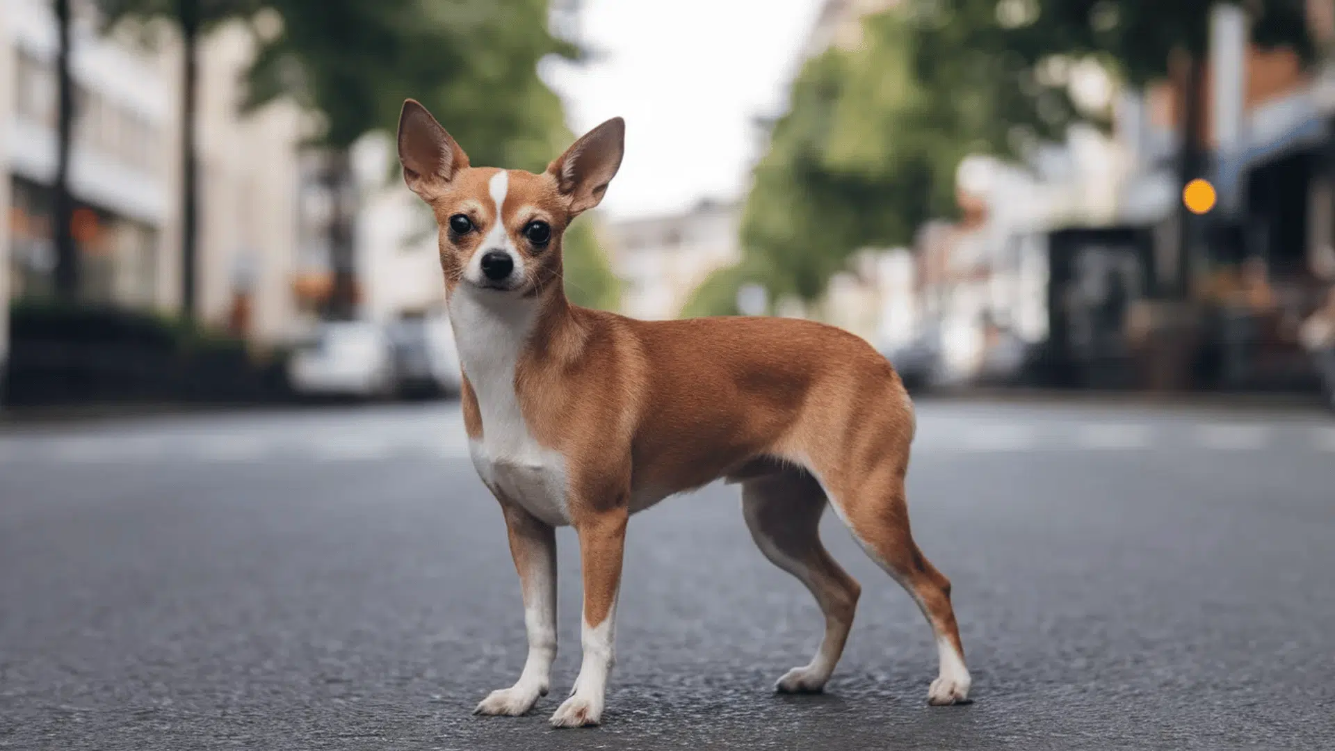 Long body tan and white Chihuahua stands alert on a quiet city street outdoors