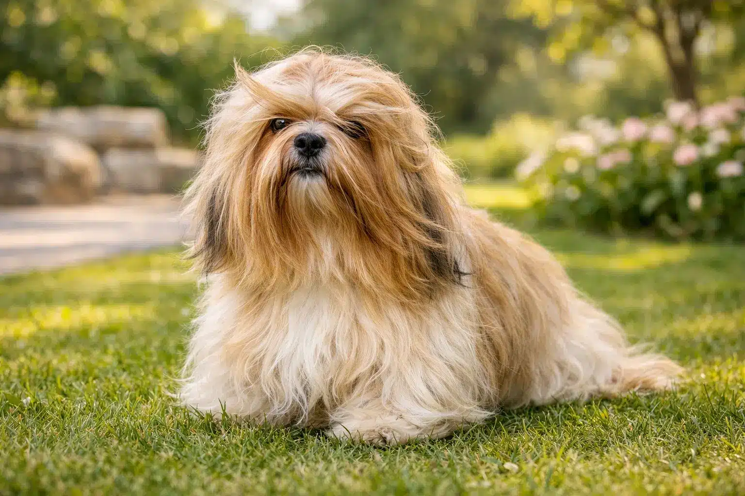 Long haired Lhasa Apso lying on grass in sunny garden