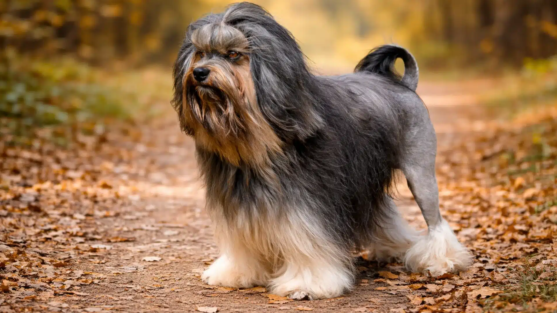Long haired löwchen with black and tan coat standing on leaf covered forest path in autumn, trees blurred behind