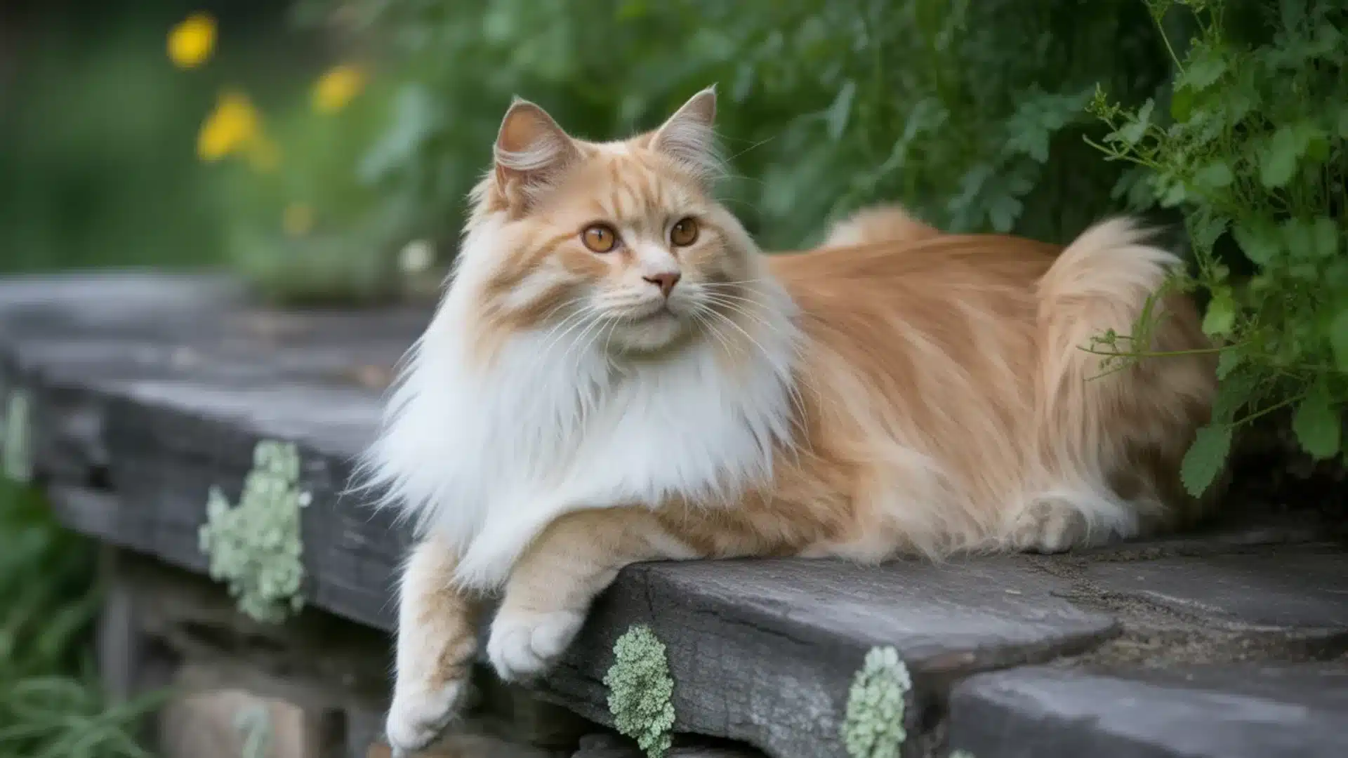 Long haired orange and white Maine Coon cat resting on a wooden bench outdoors with green plants in the background