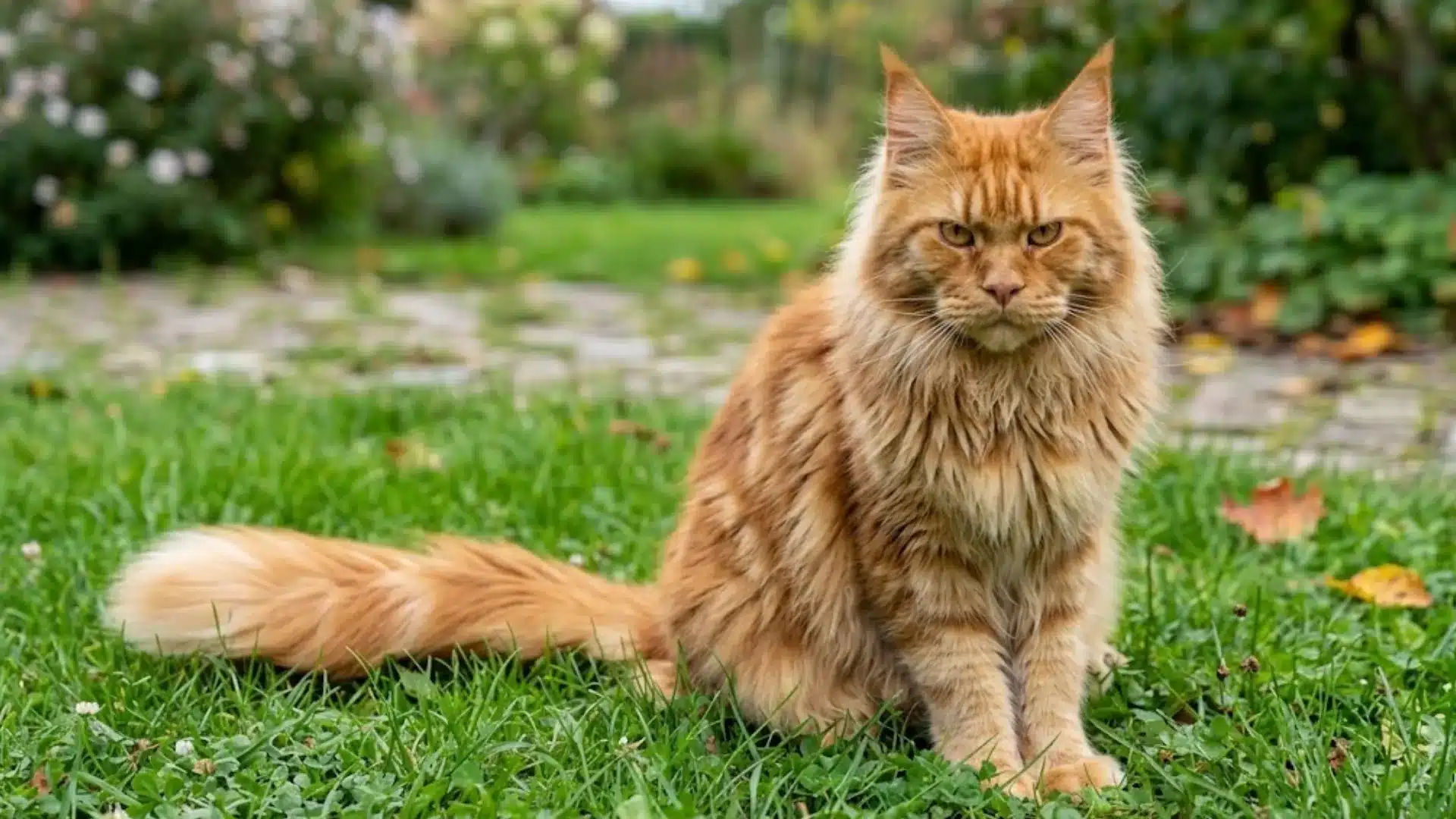 Maine Coon sitting on green grass in a garden with flowers and trees in the background looking alert