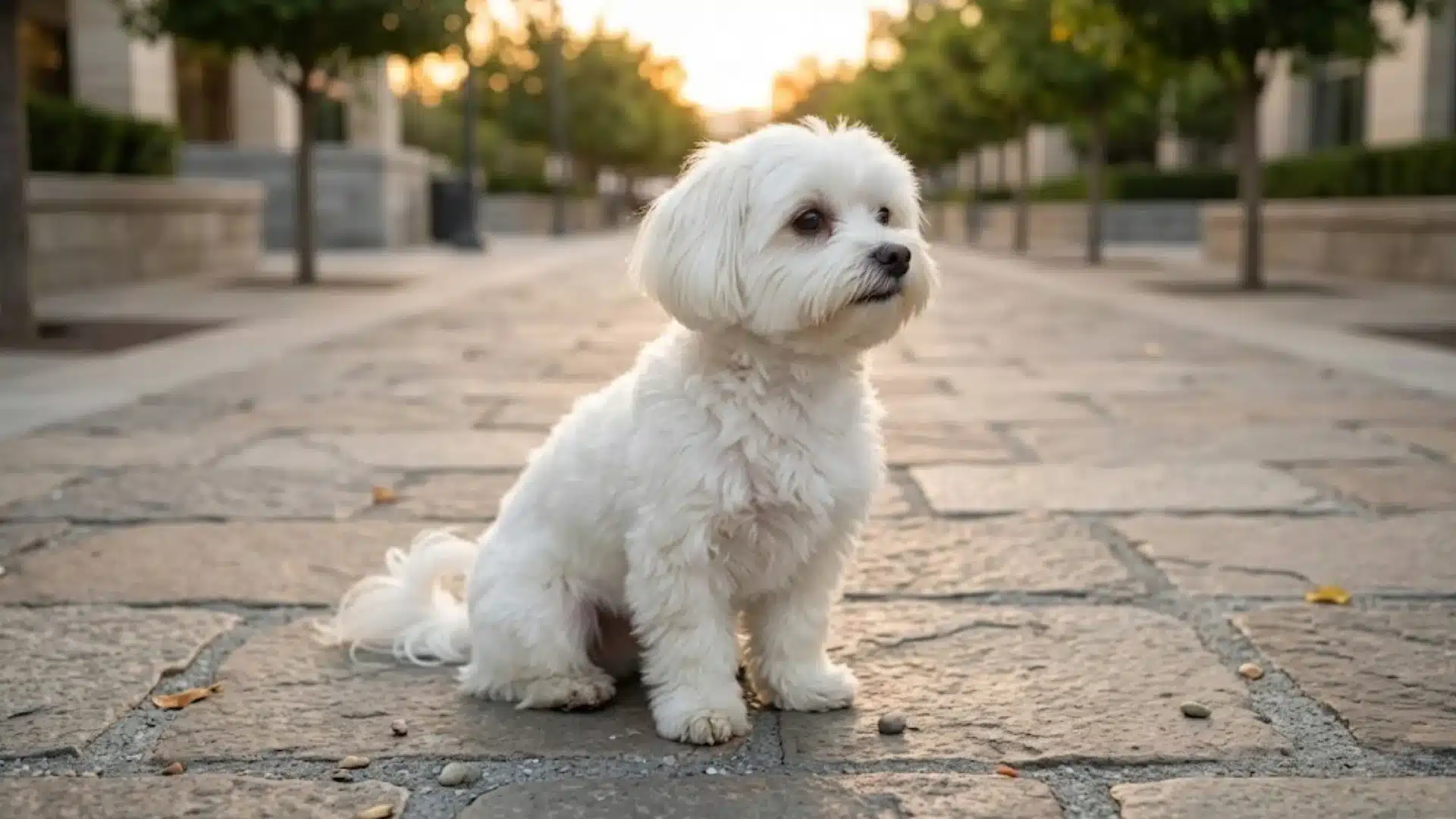Maltese dog sitting on stone pavement outdoors, looking left in quiet tree lined street at sunset