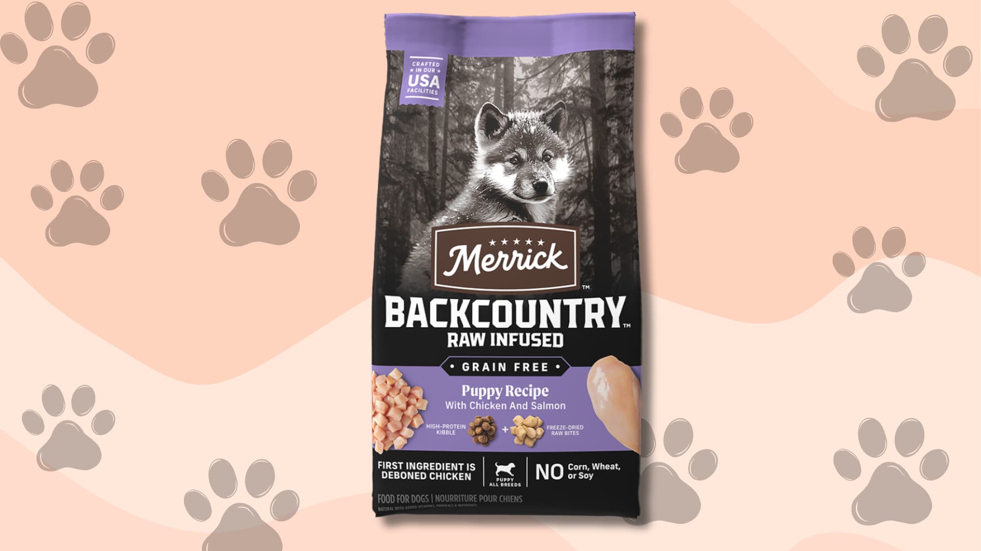 Merrick Grain-Free Puppy food bag designed for healthy growth and balanced nutrition for puppies