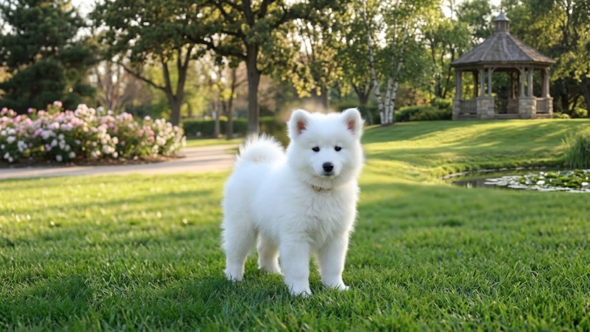 Miniature Samoyed breed dog sitting in a grassy backyard background
