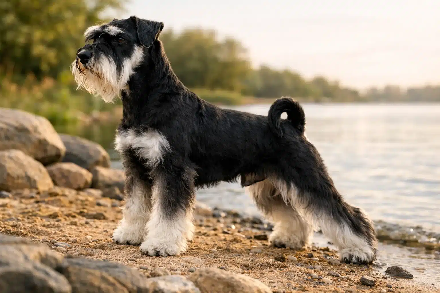 Miniature Schnauzer standing on rocky lakeside shore at sunset