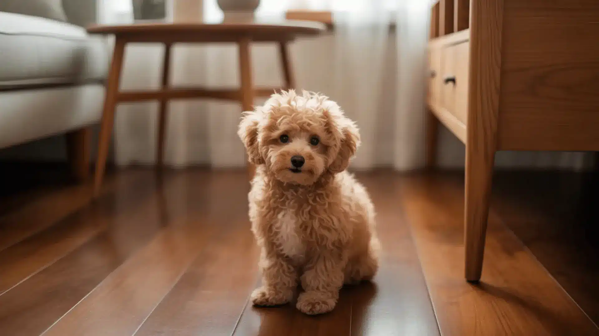 Miniature poodle dog sitting on hardwood floor between sofa and wooden cabinet in living room