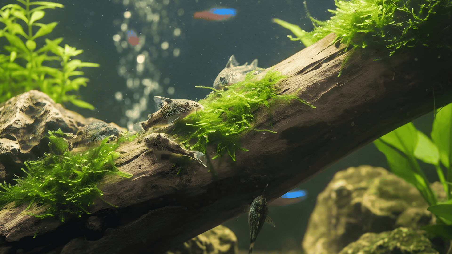 Moss covered driftwood hosts Otocinclus Catfish as bubbles rise through a calm planted freshwater aquarium scene