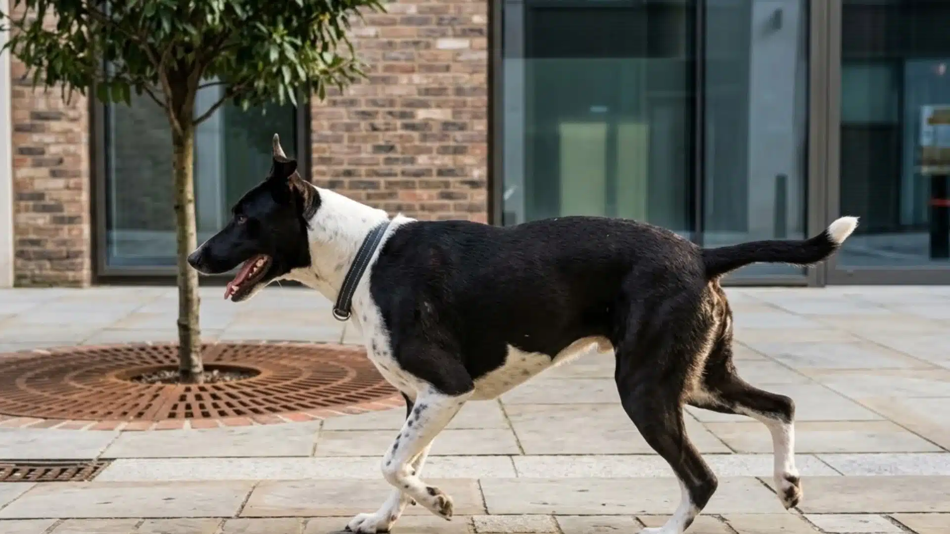 Mountain Cur walking on urban pavement near small tree and modern building in city setting