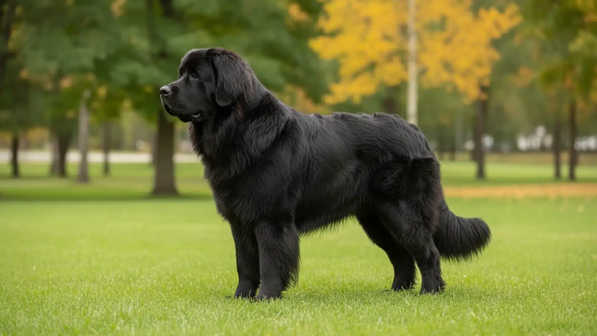Newfoundland dog standing on green grass in park, large black fluffy coat with trees in background
