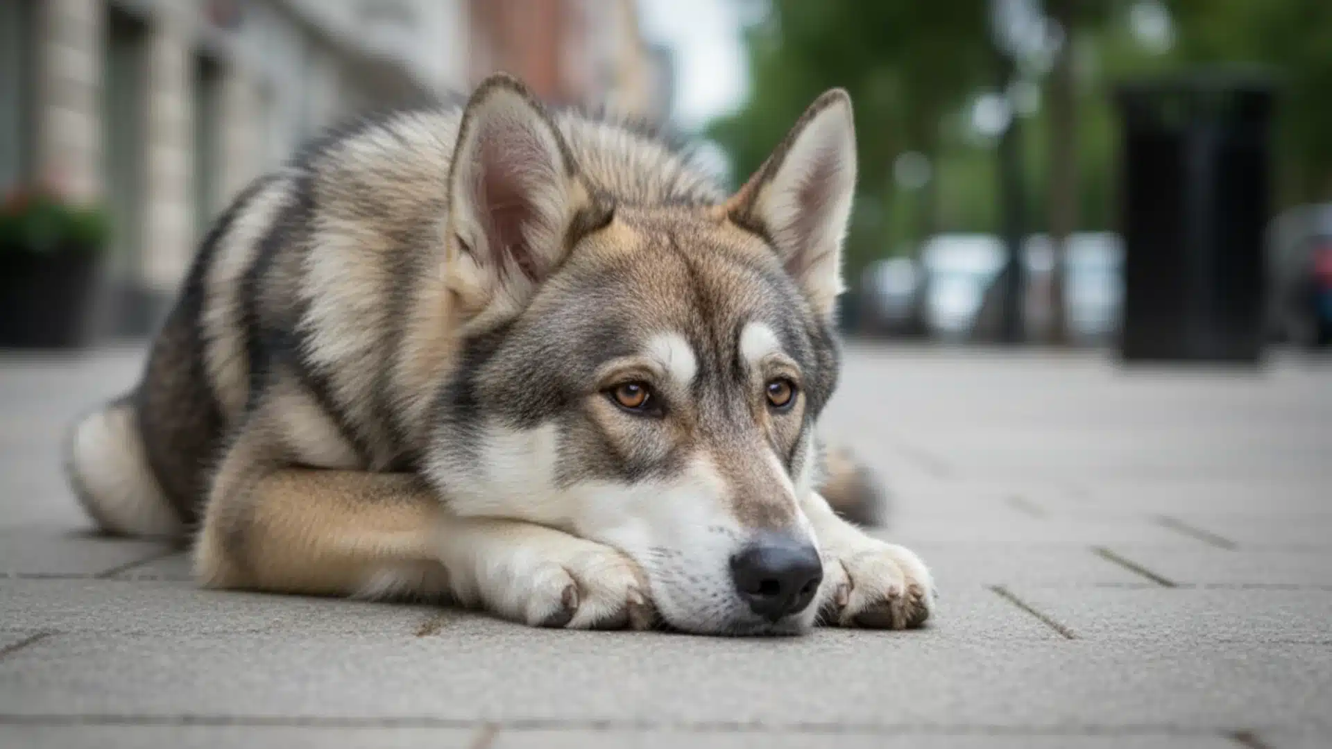 Northern Inuit Dog lying on a city pavement with head resting on paws and blurred street background