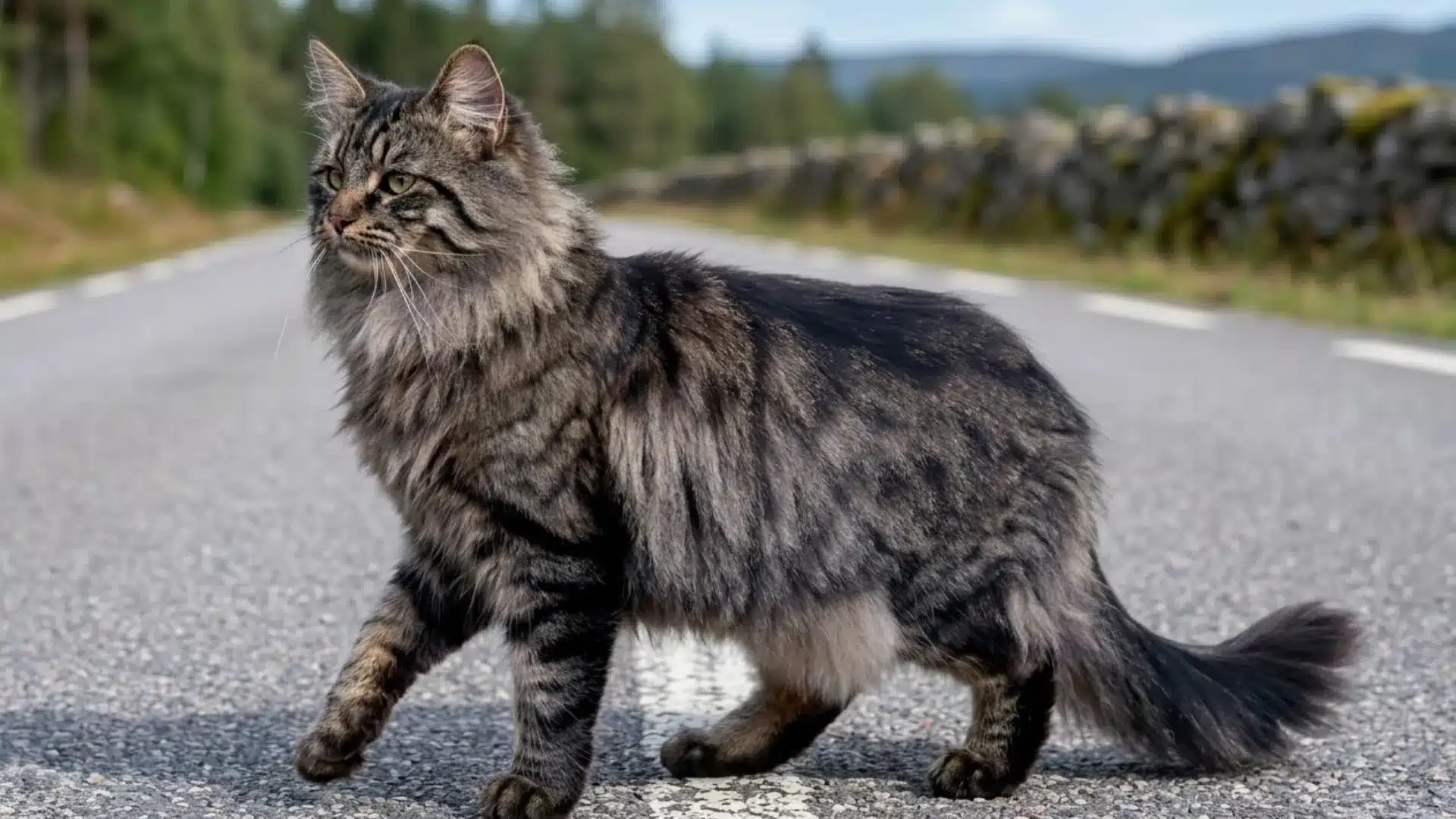 Norwegian forest cat walking across a quiet road beside a metal guardrail surrounded by green forest trees