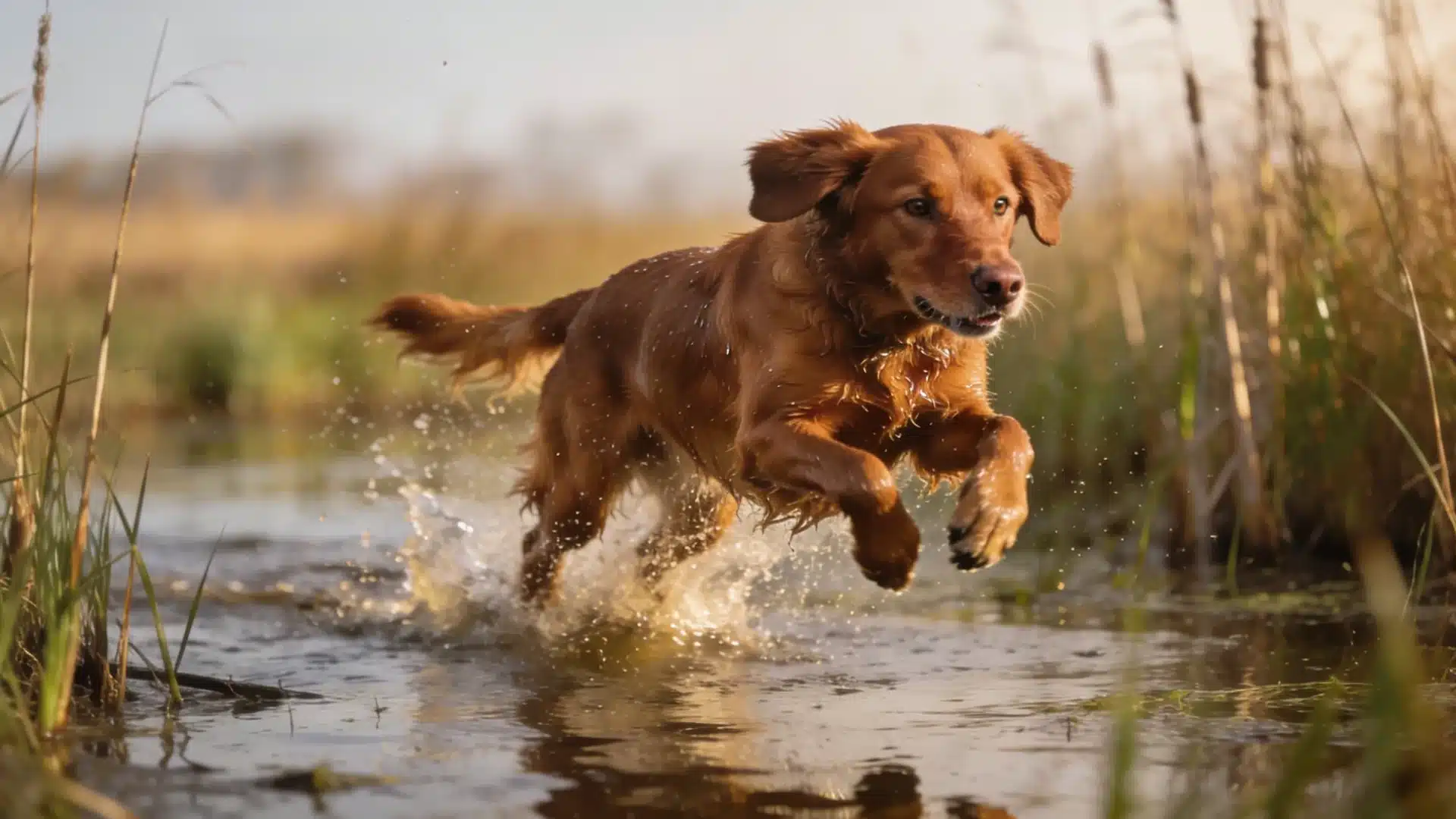 Nova Scotia Duck Tolling Retriever leaping through shallow marsh water with splashes in warm sunset light