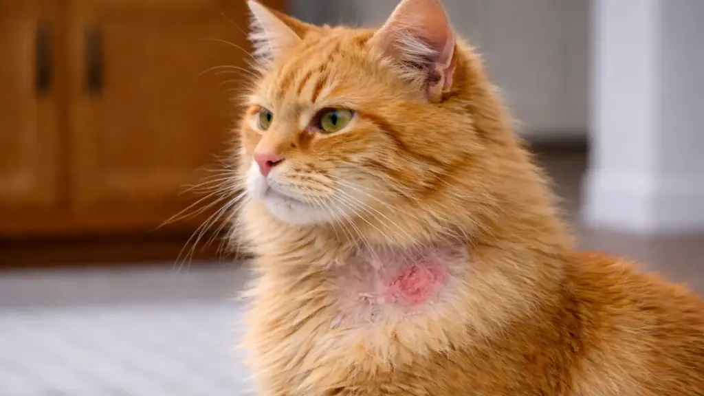 Orange cat with red irritated patch on neck showing physical signs of cat skin allergies with visible fur loss and inflamed skin