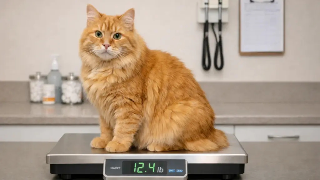 Orange long-haired cat sitting on a digital weighing scale during a routine weight check inside a clean veterinary exam room