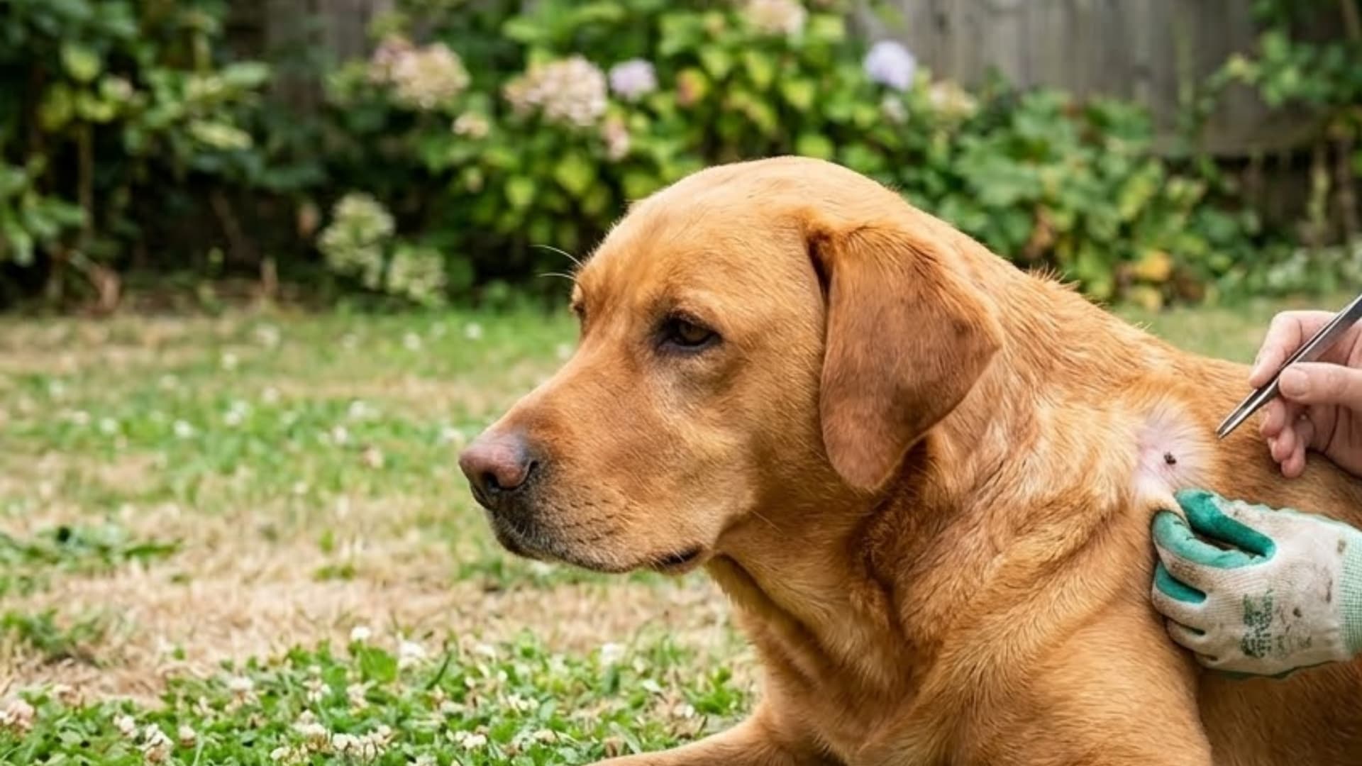 Outdoor scene of a dog lying calmly while an owner gently parts its fur and uses tweezers to remove a tick