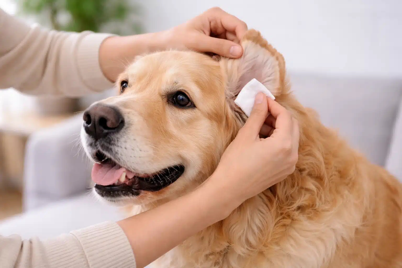 Owner gently cleaning golden retriever ear with cotton pad during routine home dog ear care indoors