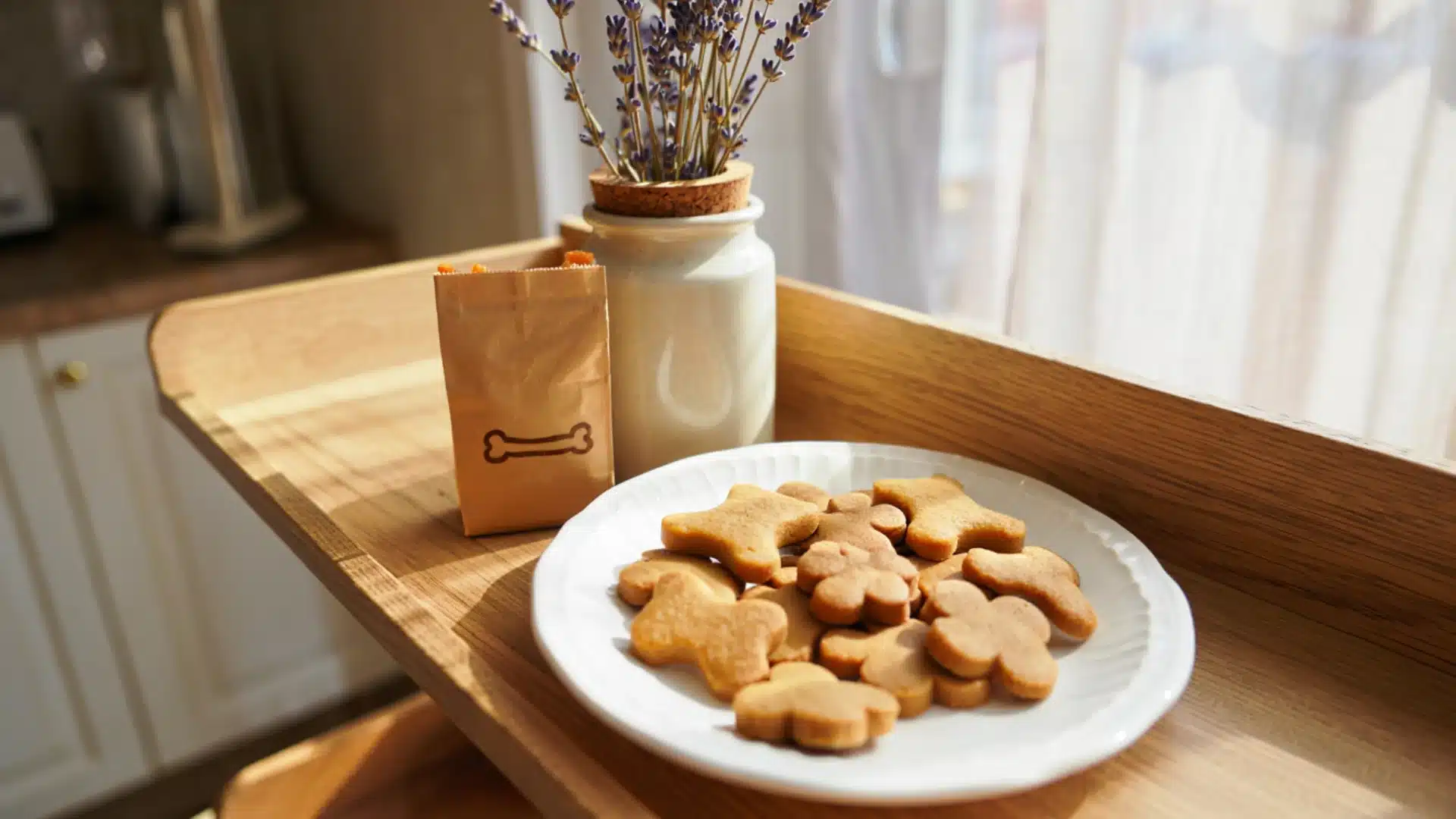 Peanut butter and pumpkin dog treats on a white plate on a wooden shelf with soft natural kitchen lighting