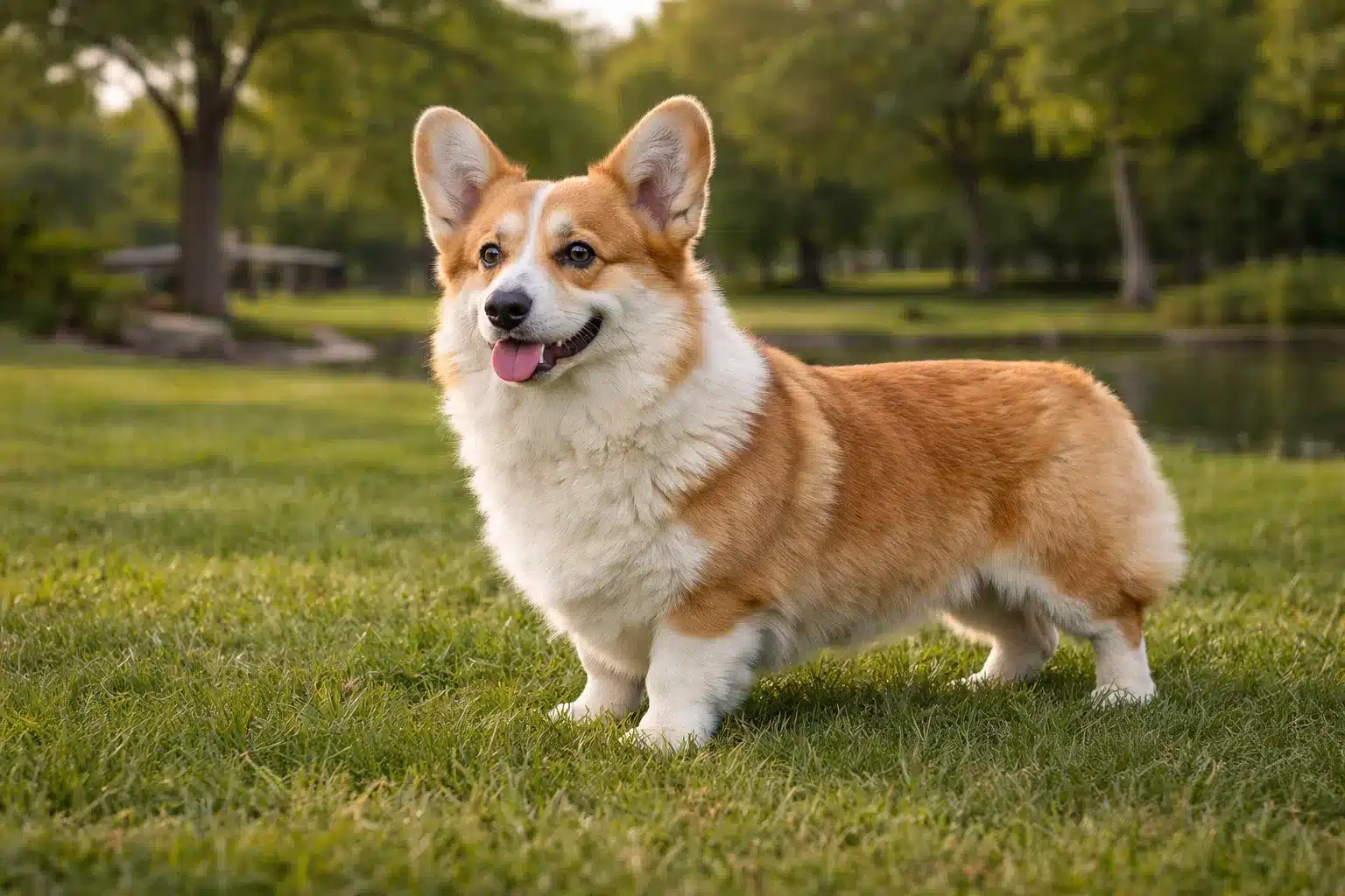 Pembroke Welsh Corgi standing on grass near lake in park