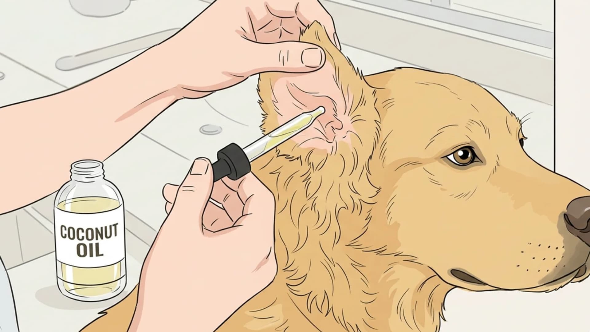 Person applying coconut oil with dropper into dog ear as home care treatment for dog ear infection