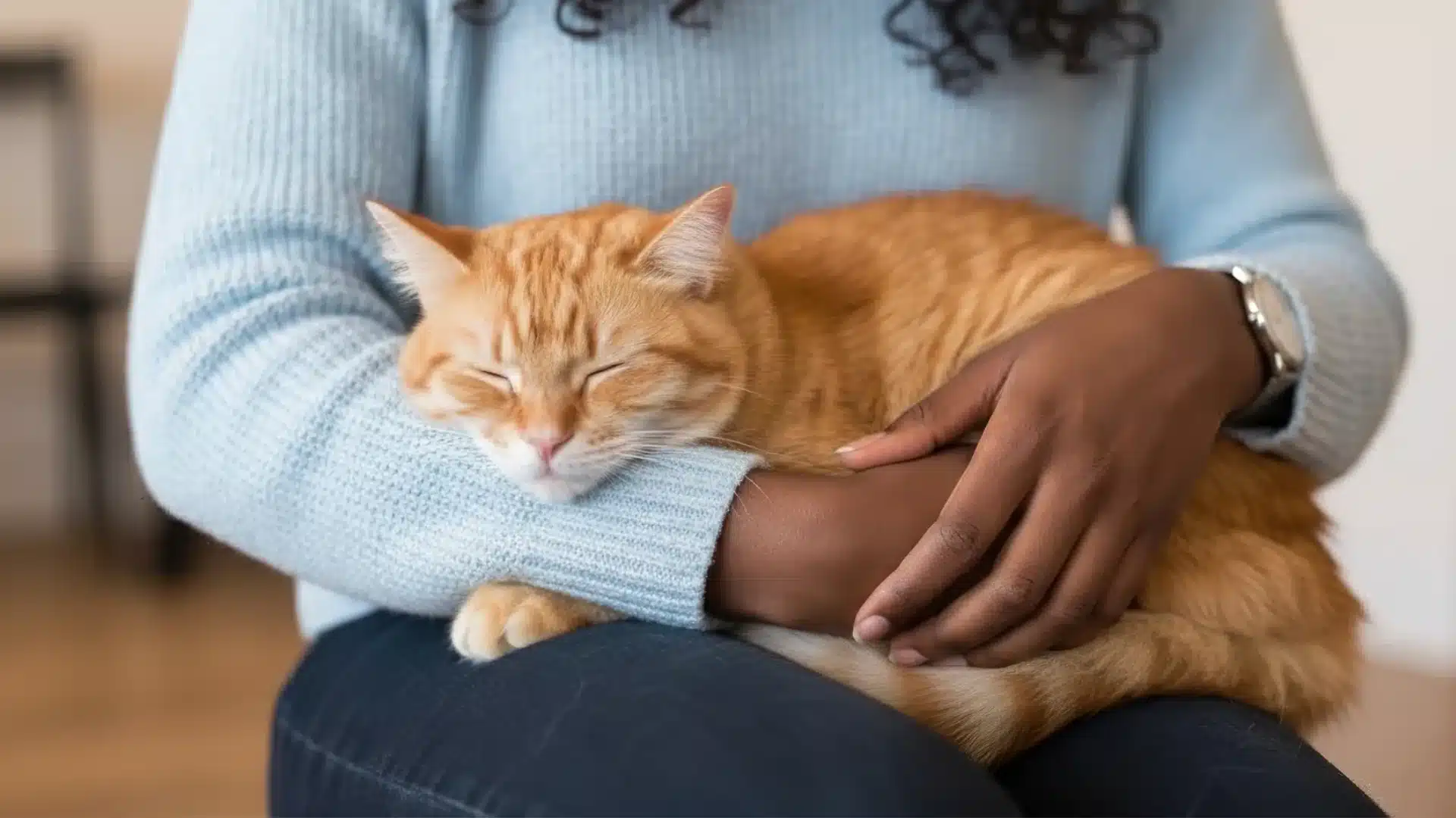 Person holding a relaxed orange tabby cat in their arms, showing comfort and calm support for an anxious pet