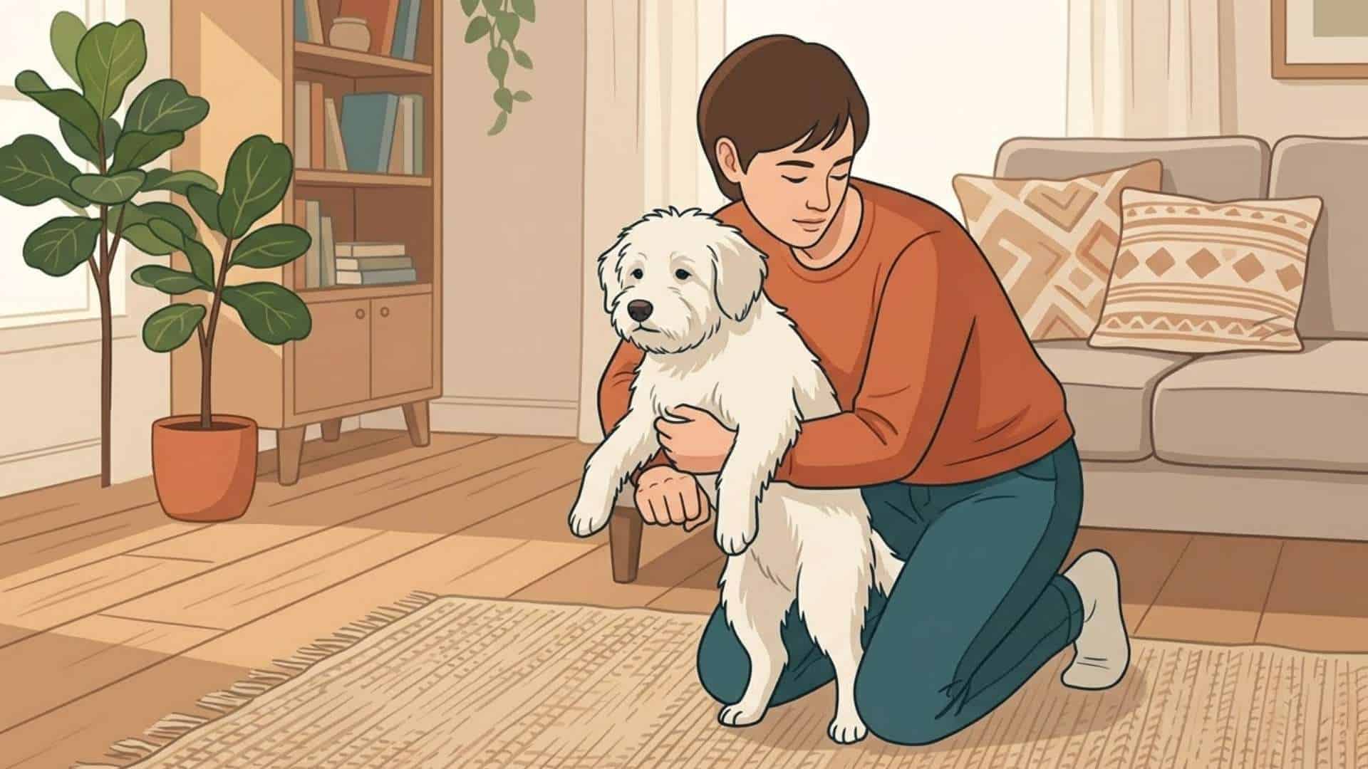 Person kneeling behind a white fluffy dog, applying Heimlich maneuver in a cozy living room