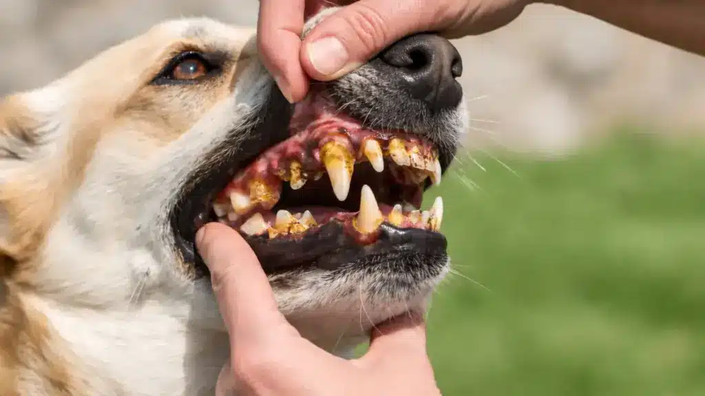 Person lifting dog lips to show dog tooth decay with yellow tartar buildup and gum disease