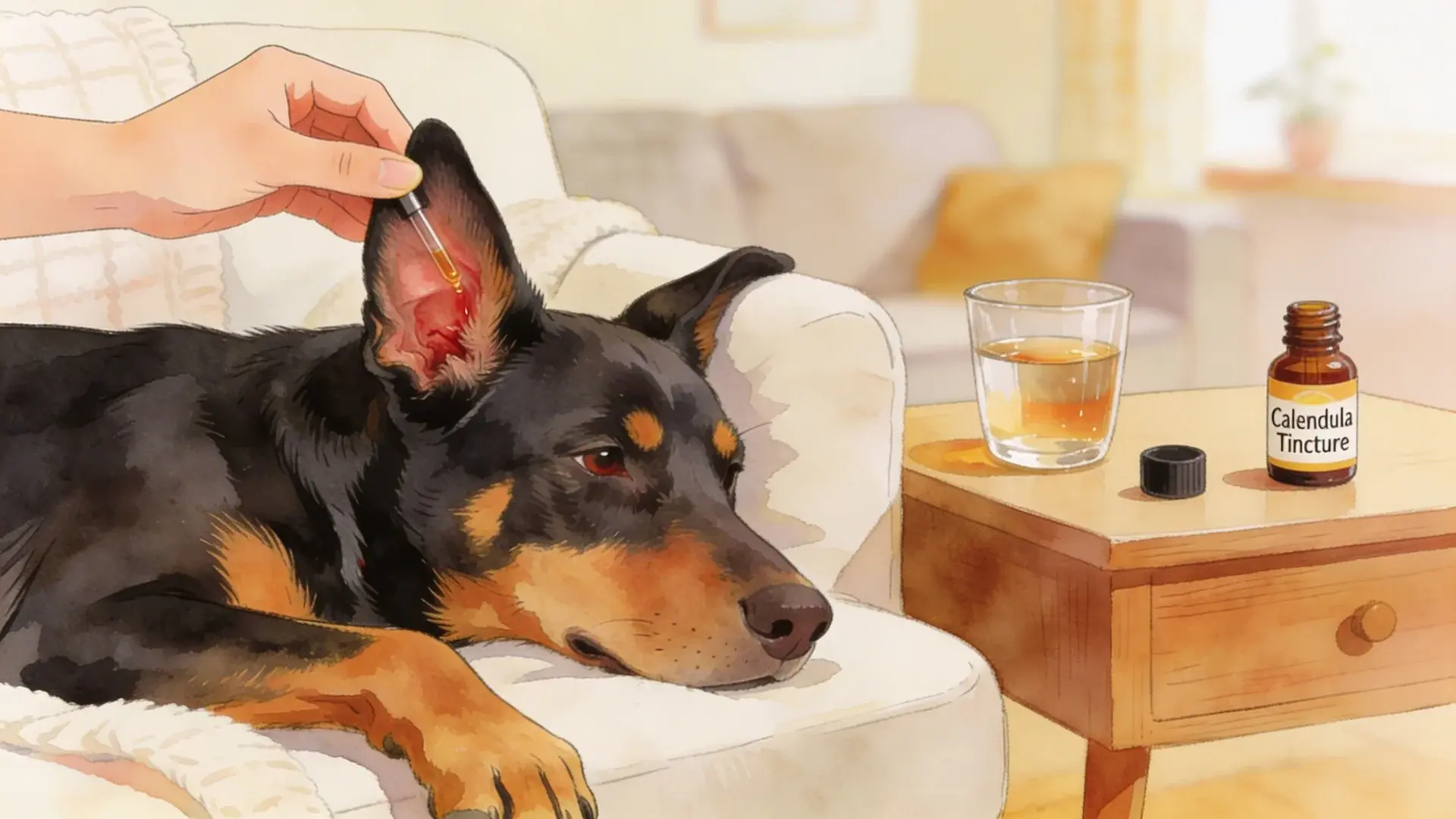 Person using dropper to apply calendula tincture into infected dog ear while dog rests on couch near table