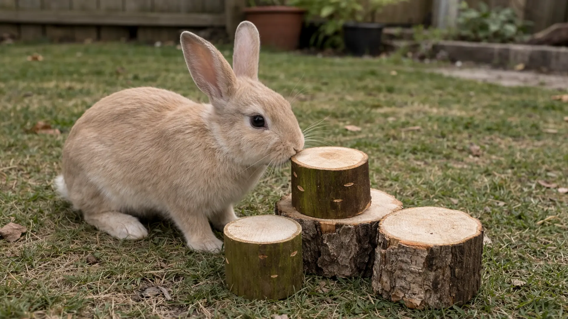 Pet rabbit chewing natural willow chunk chew toy logs on grass in backyard rabbit enrichment toy for dental health