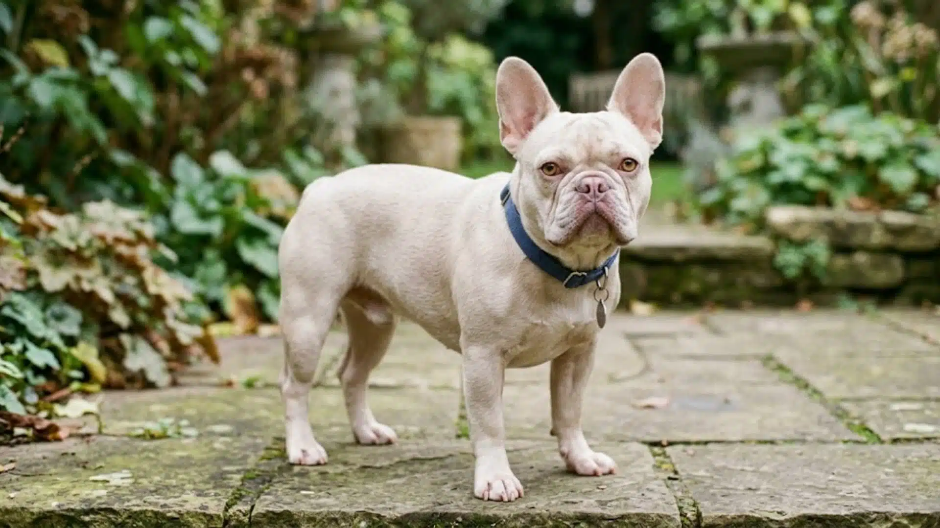 Platinum French Bulldog standing or sitting, pale cream coat with subtle silver sheen and glossy finish
