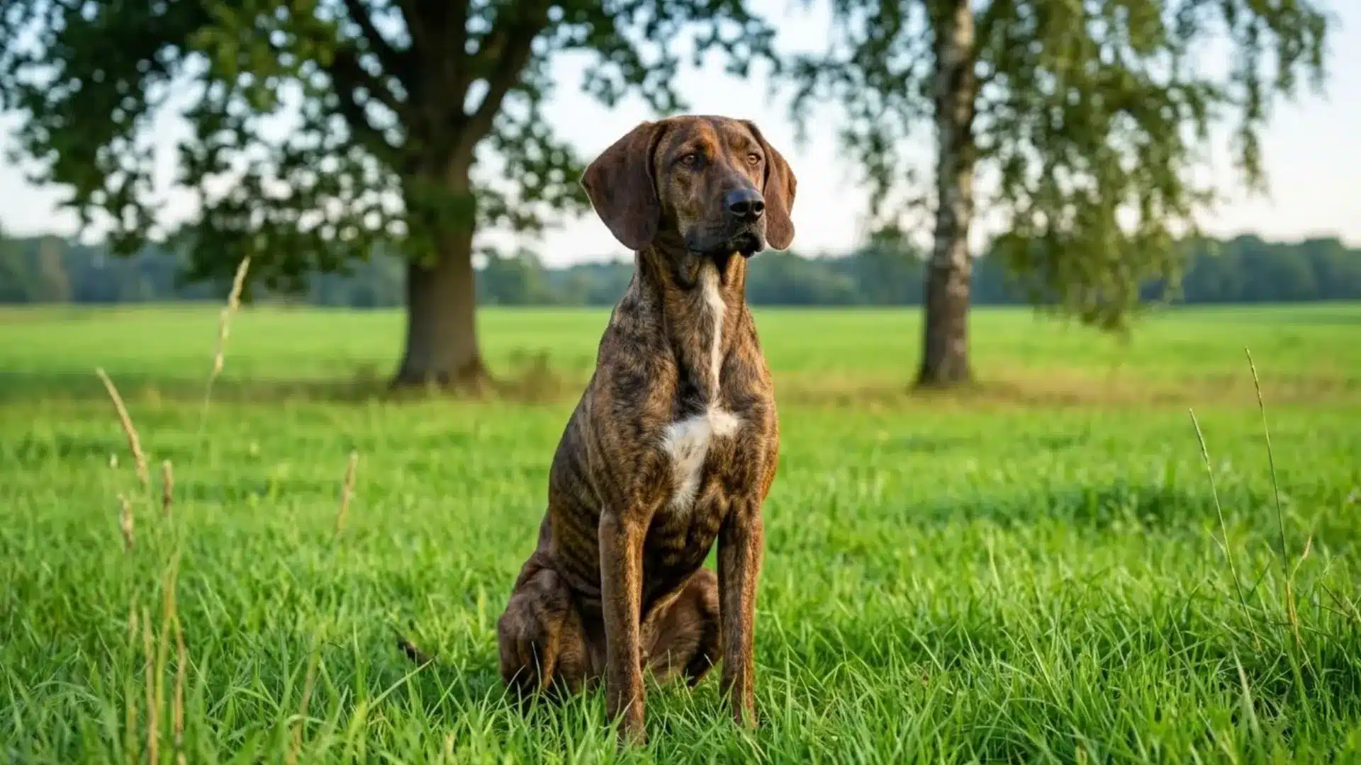 Plott Hound sitting alert on green grass field with brindle coat and trees in countryside background