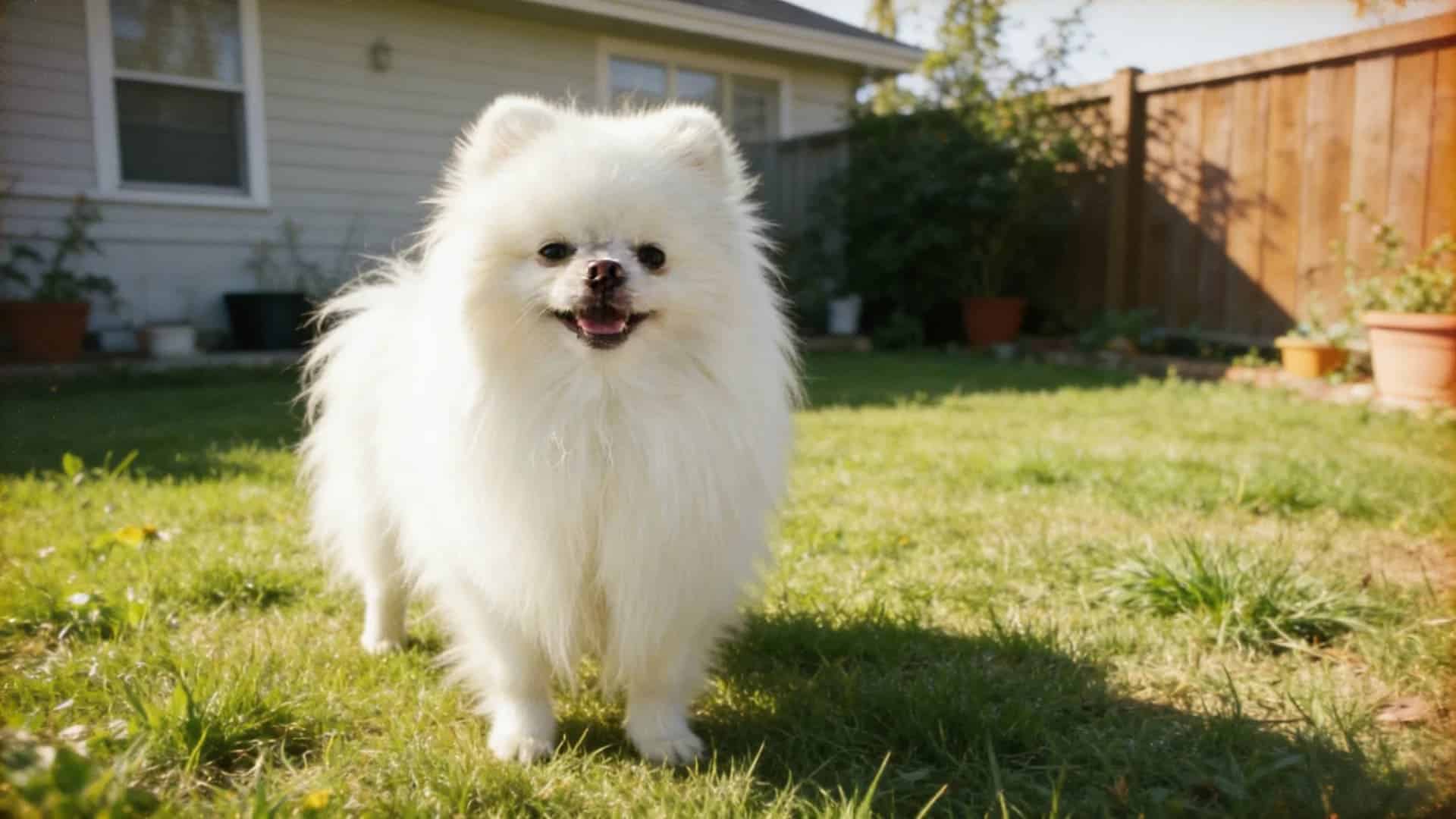 Pomeranian (White) breed dog sitting in a grassy backyard background