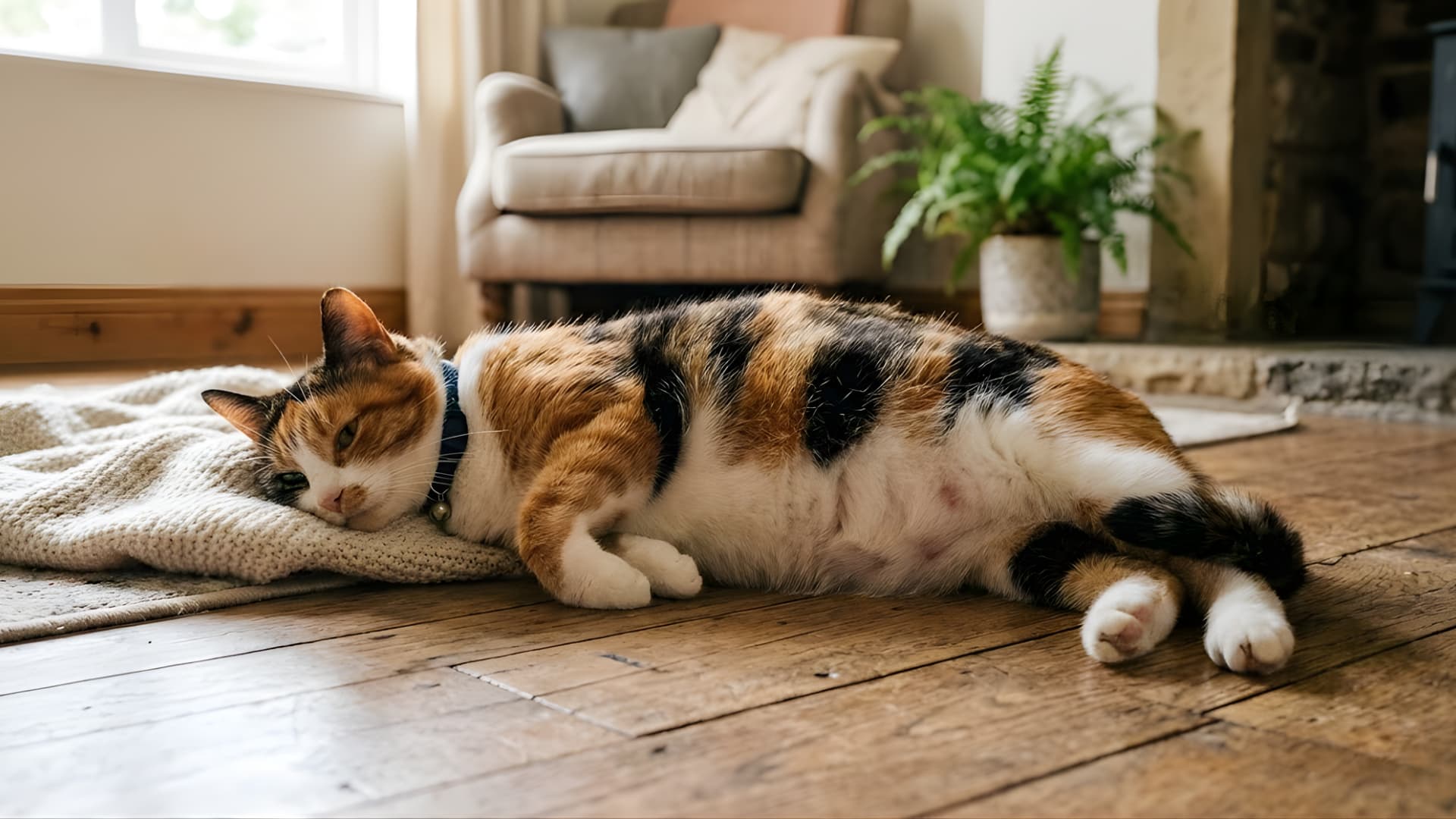 Pregnant domestic cat lying comfortably on a wooden floor, visibly rounded belly, soft indoor lighting, calm home setting, realistic style. generate an image