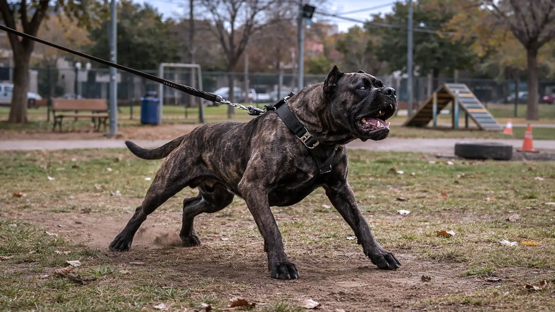 Presa Canario lunging on leash in park with mouth open and teeth visible during training (1)