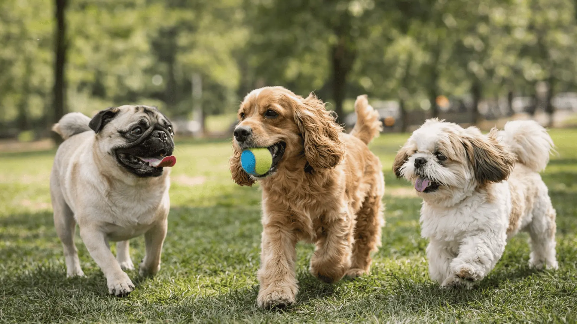Pug, Cocker Spaniel, and Shih Tzu playing together on green grass in a sunny park, running happily side by side outdoors